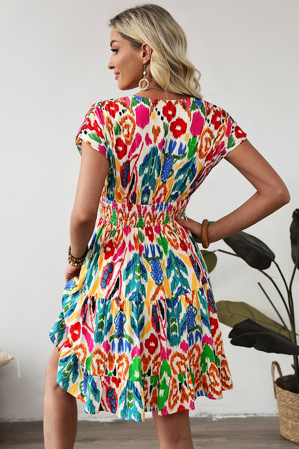 Sky Blue Abstract Print V Neck Dolman Sleeve Ruffle Tiered Mini Dress-TOPS / DRESSES-[Adult]-[Female]-2022 Online Blue Zone Planet