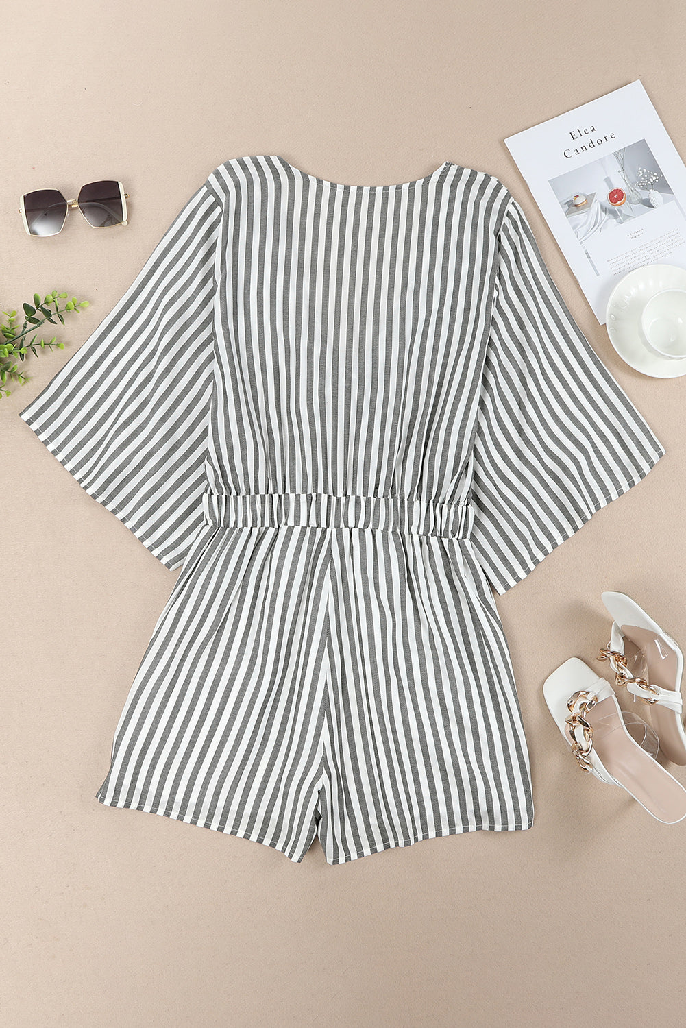 Tied Striped Three-Quarter Sleeve Romper-TOPS / DRESSES-[Adult]-[Female]-2022 Online Blue Zone Planet