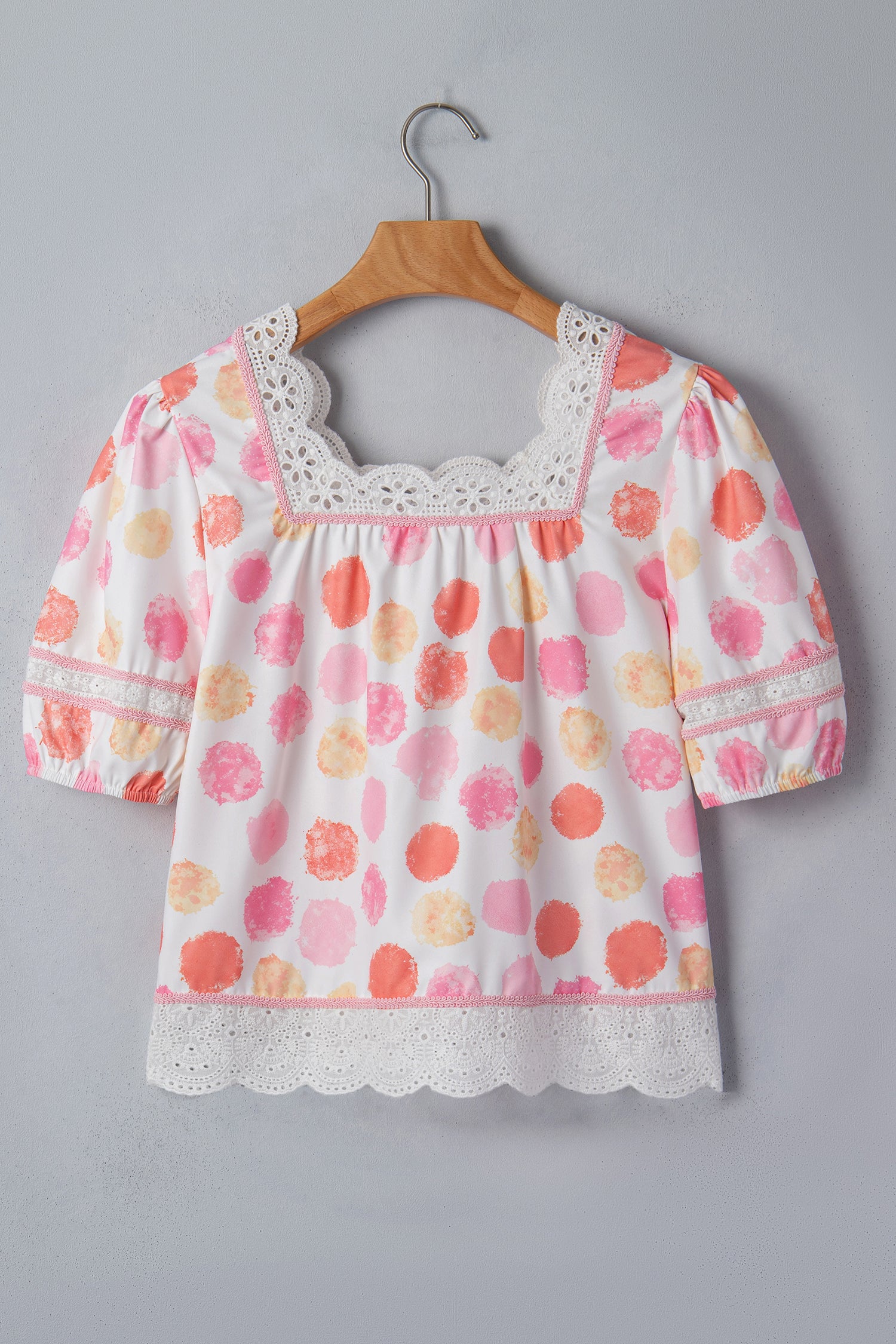 Pink Polka Dot Lace Trim Square Neck Puff Sleeve Blouse-Tops/Blouses & Shirts-[Adult]-[Female]-2022 Online Blue Zone Planet