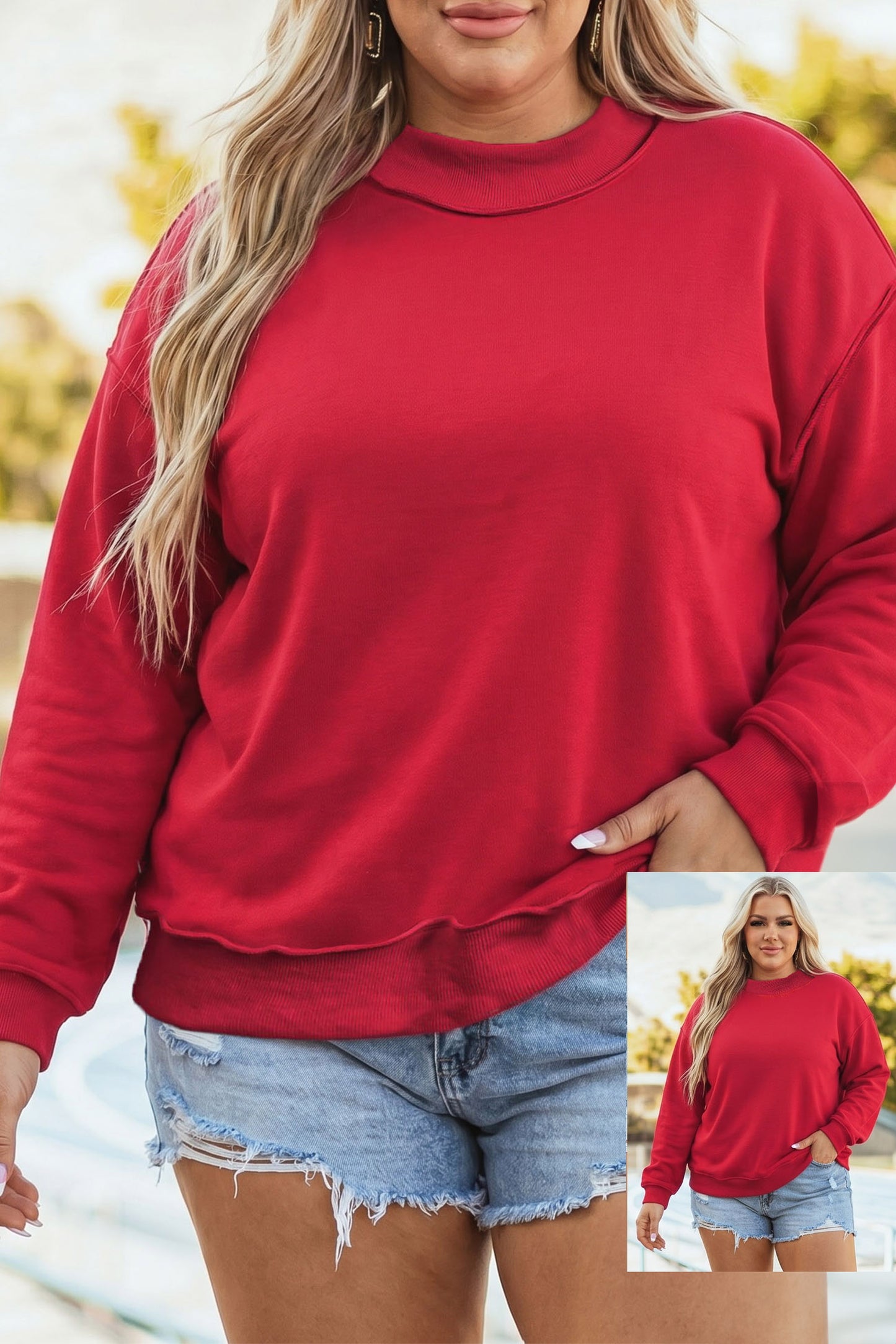 Racing Red Exposed Seam Detail Reversible Double Wear Plus Size Sweatshirt-Plus Size/Plus Size Sweatshirts & Hoodies-[Adult]-[Female]-2022 Online Blue Zone Planet
