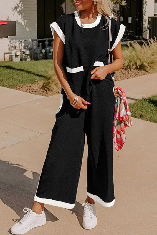 Black Color Block Pocketed T Shirt and Wide Leg Pants Set-Two Piece Sets/Pant Sets-[Adult]-[Female]-Black-S-2022 Online Blue Zone Planet