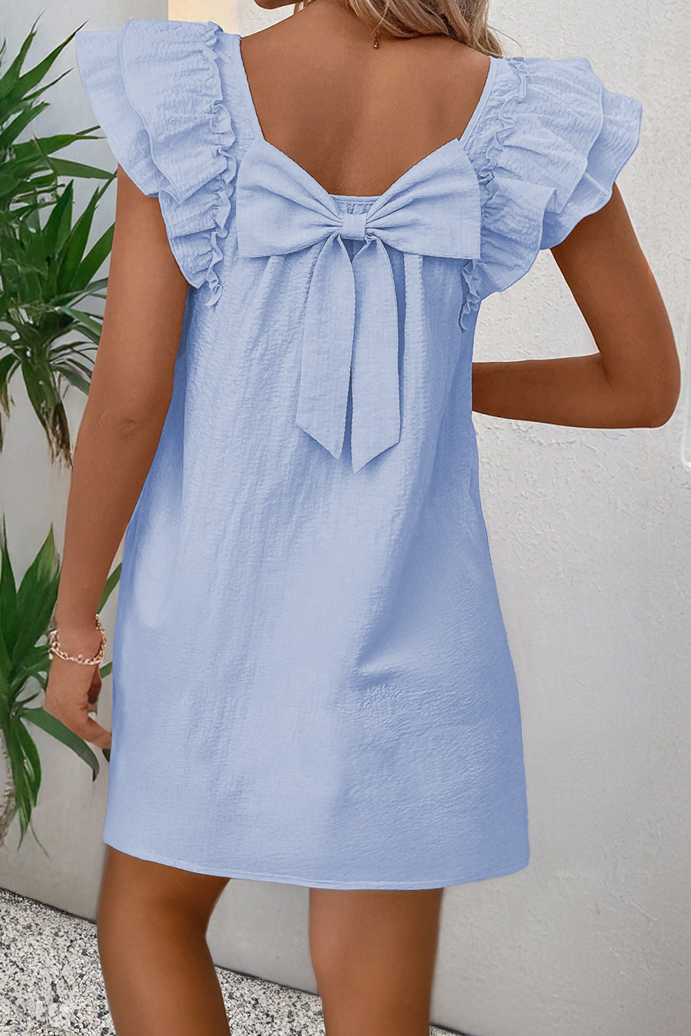 beau mini dress Beau Blue Textured Flutter Sleeve Square Neck Bow Back Mini Dress Light Pink / XL / 95%Polyester+5%Elastane by Blue Zone Planet