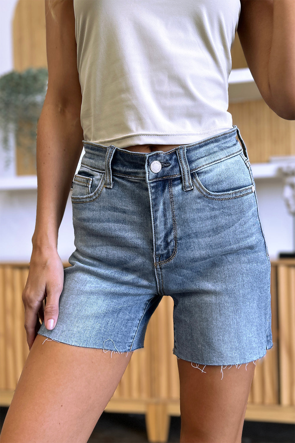 Judy Blue Full Size High Waist Raw Hem Denim Shorts-BOTTOM SIZES SMALL MEDIUM LARGE-[Adult]-[Female]-2022 Online Blue Zone Planet