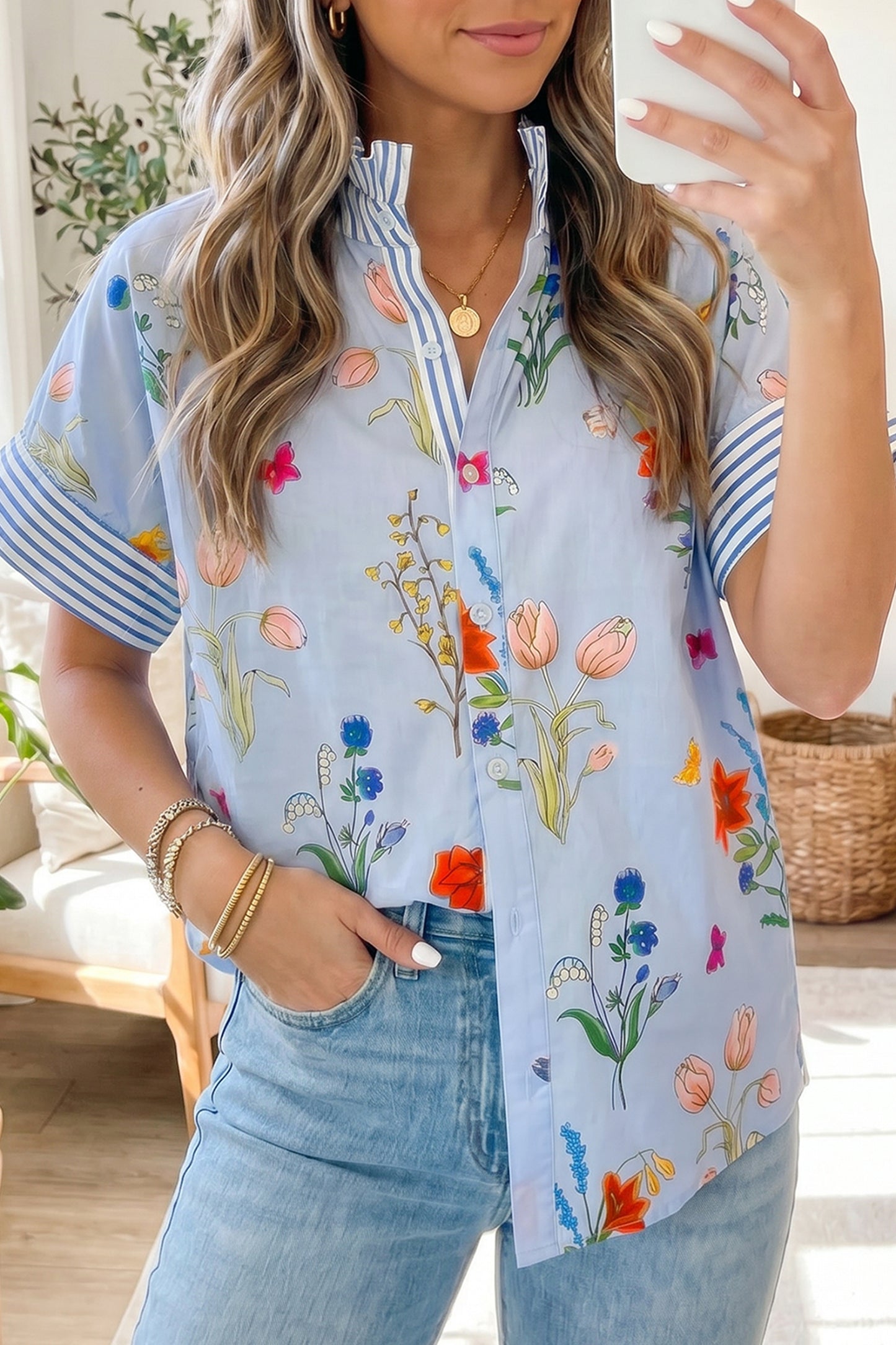 Beige Floral Striped Patchwork Ruffled Collar Short Sleeve Shirt-Tops/Blouses & Shirts-[Adult]-[Female]-Sky Blue-S-2022 Online Blue Zone Planet