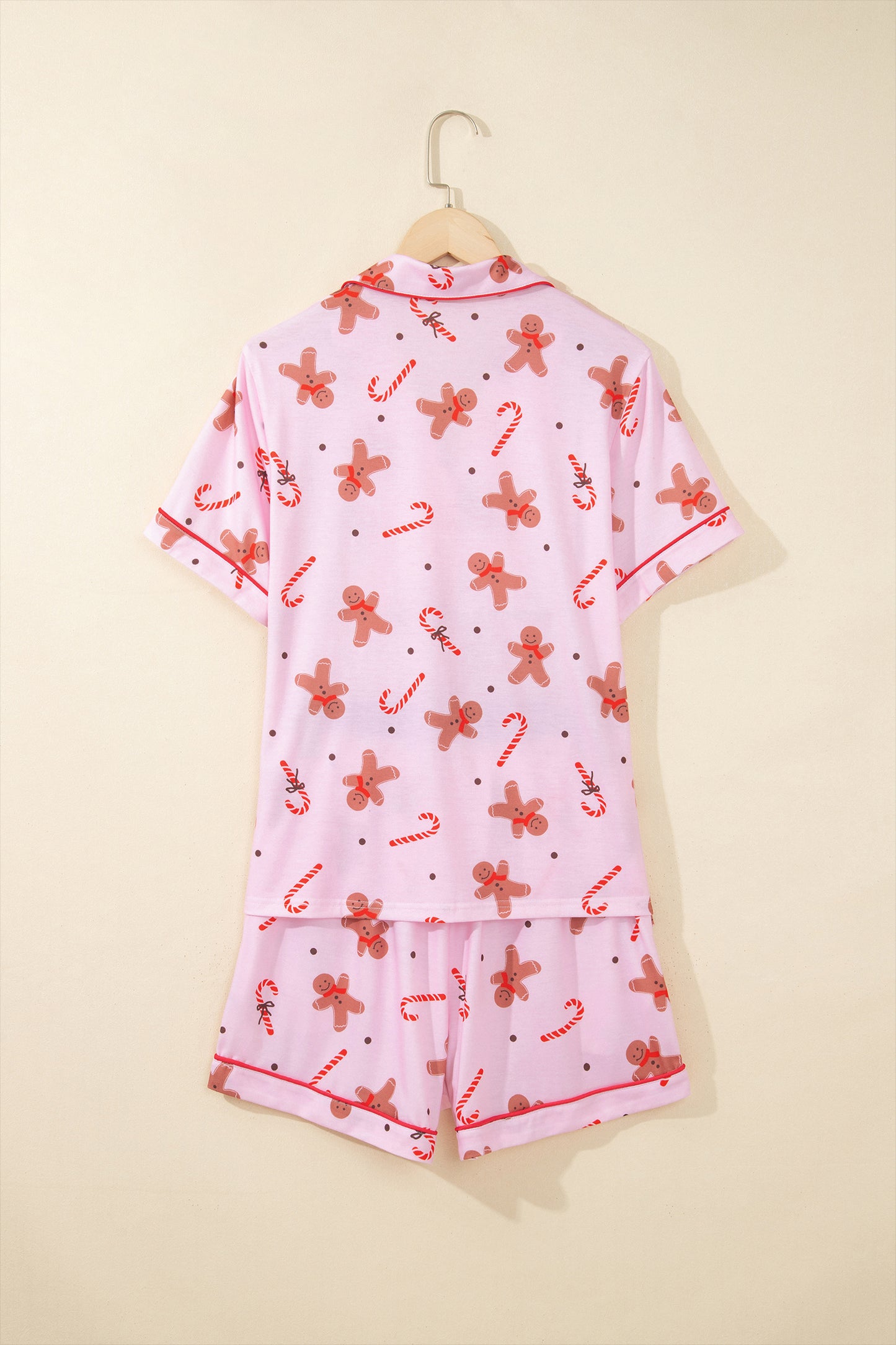 Pink Short Sleeve Placket Shell Button Elastic Waist Lounge Set-Loungewear & Sleepwear/Loungewear-[Adult]-[Female]-2022 Online Blue Zone Planet