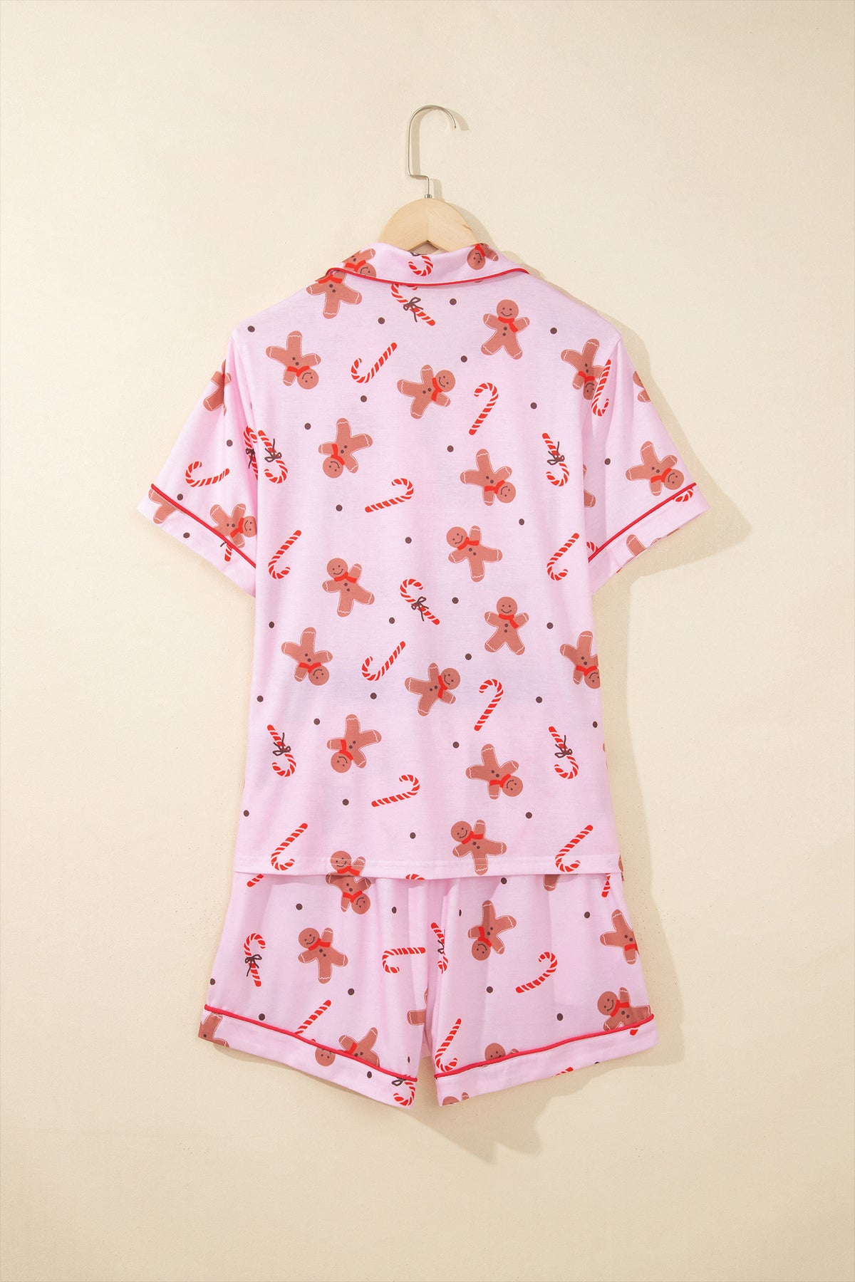 Pink Short Sleeve Placket Shell Button Elastic Waist Lounge Set-Loungewear & Sleepwear/Loungewear-[Adult]-[Female]-2022 Online Blue Zone Planet