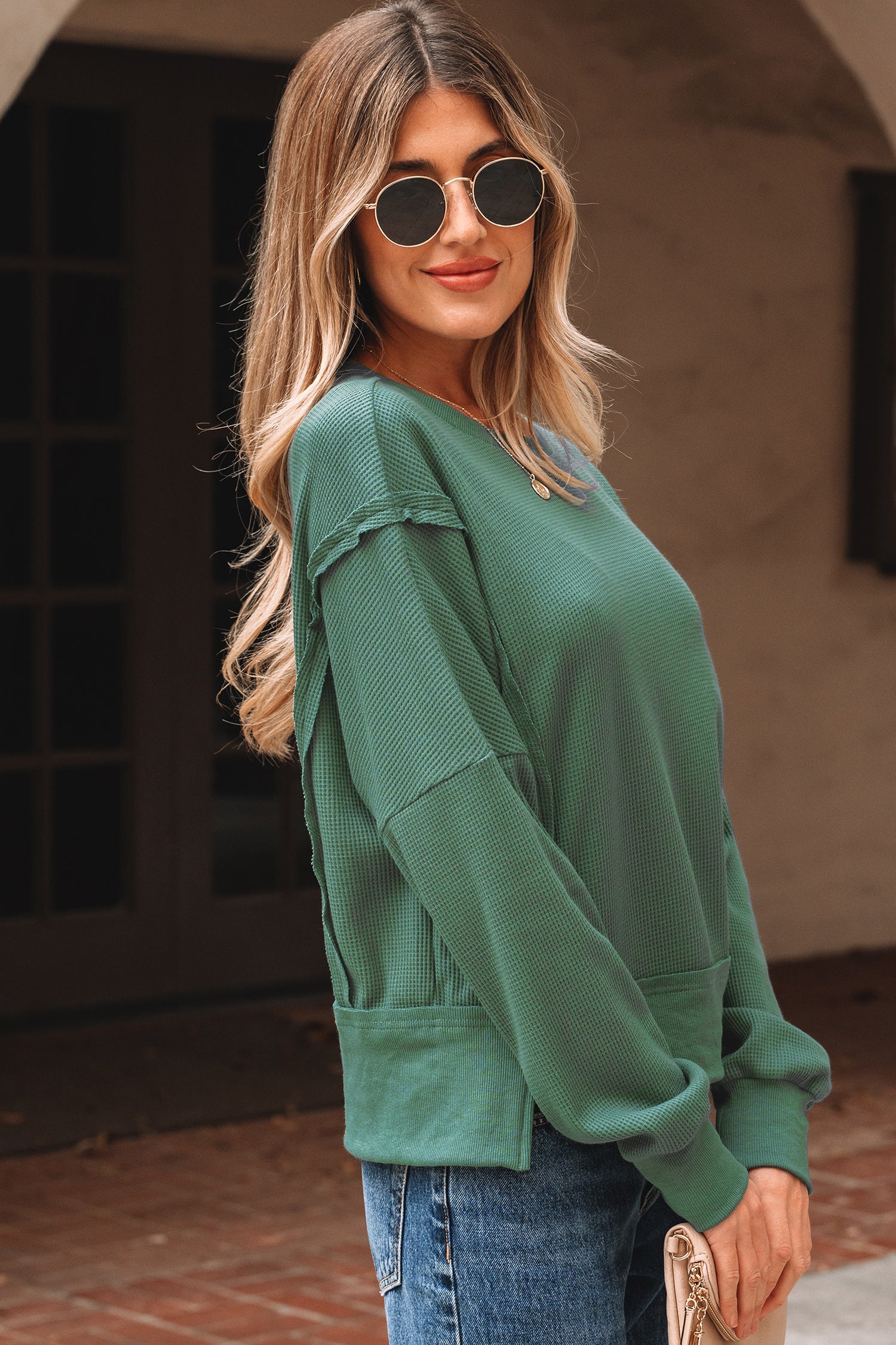 Evergreen Solid Color Raw Seam Patchwork Ribbed Drop Shoulder Sweatshirt-Tops/Sweatshirts & Hoodies-[Adult]-[Female]-2022 Online Blue Zone Planet