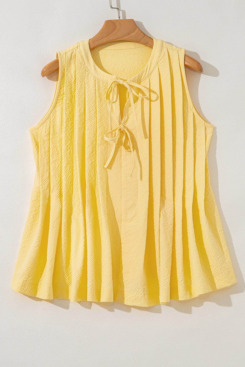 Yellow Cream Bow Tie Notched Neck Pleated Tank Top-Tops/Tank Tops-[Adult]-[Female]-2022 Online Blue Zone Planet