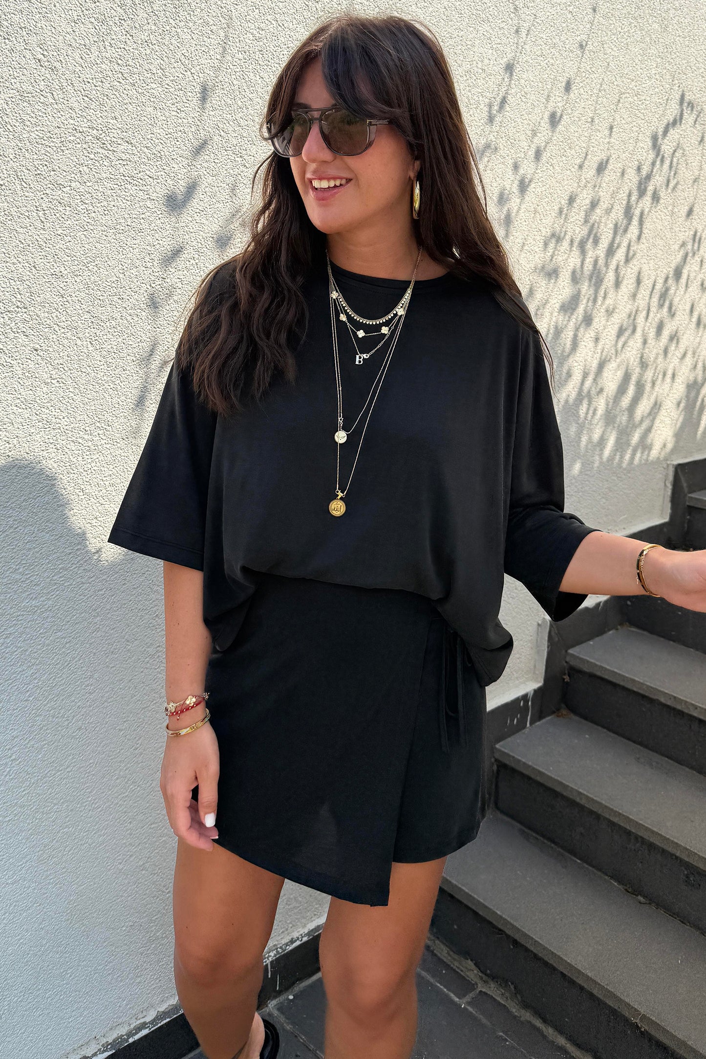 Black Solid Color Oversize Tee Tie Wrap Mini Skort 2pcs Set-Two Piece Sets/Two Piece Dresses-[Adult]-[Female]-2022 Online Blue Zone Planet