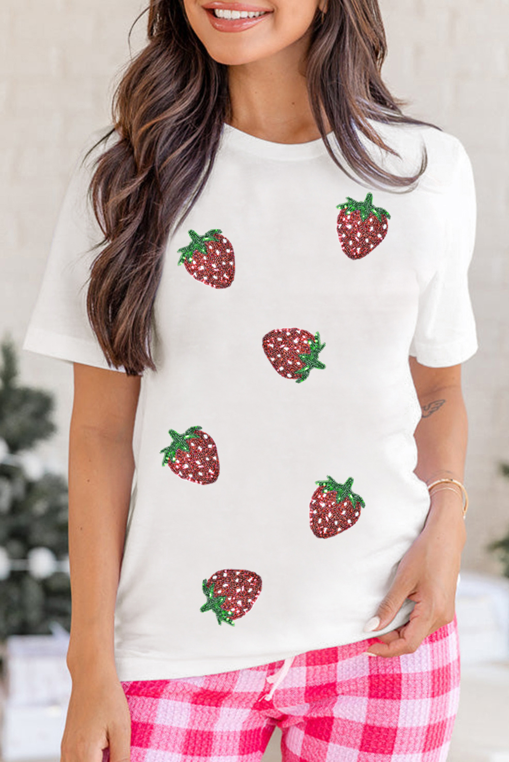White Sequin Strawberry Patched Crew Neck T Shirt-Graphic/Graphic Tees-[Adult]-[Female]-2022 Online Blue Zone Planet