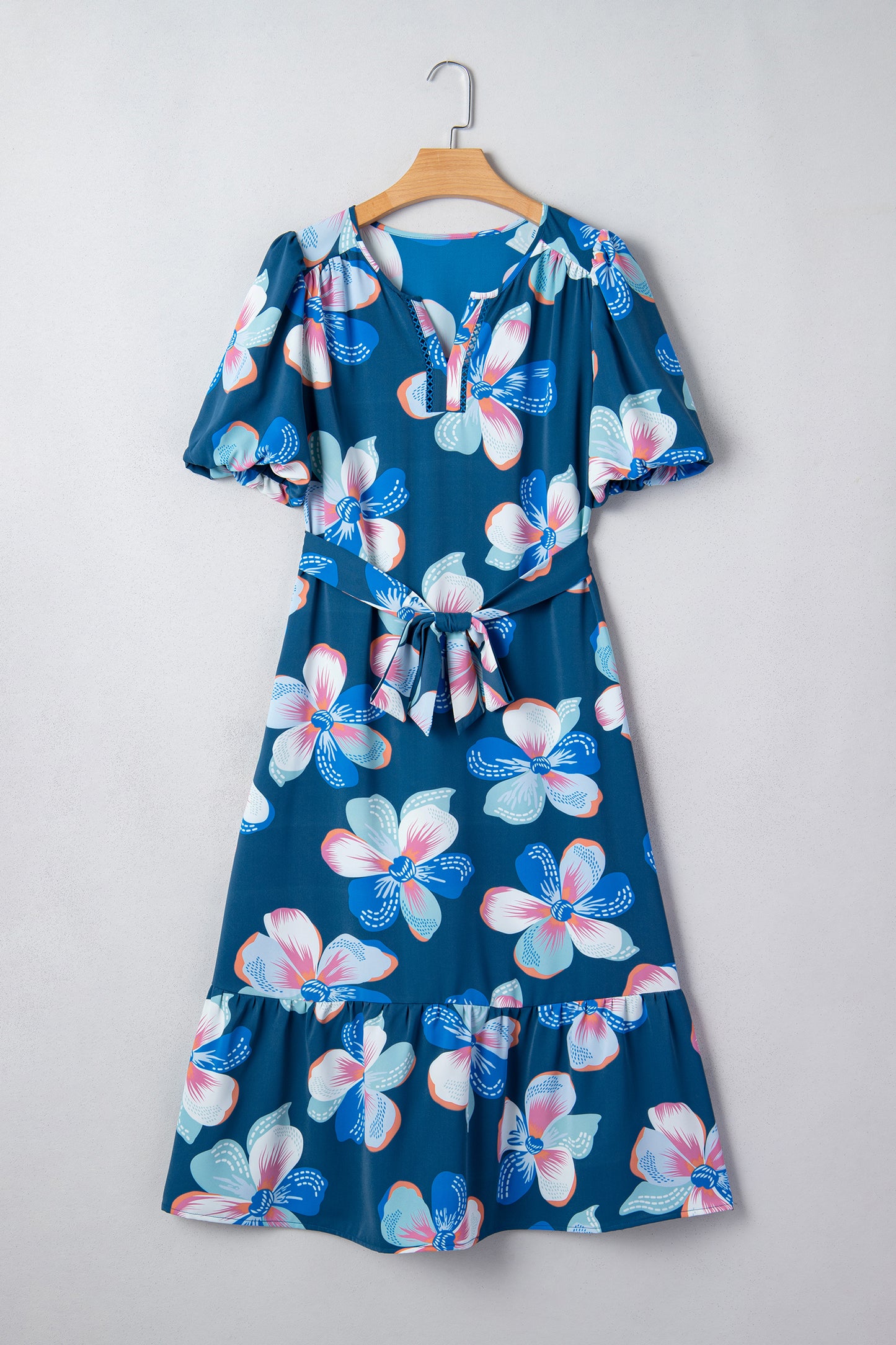 Blue Floral Print Short Puff Sleeve Ruffle Hem Belted Long Dress-TOPS / DRESSES-[Adult]-[Female]-2022 Online Blue Zone Planet