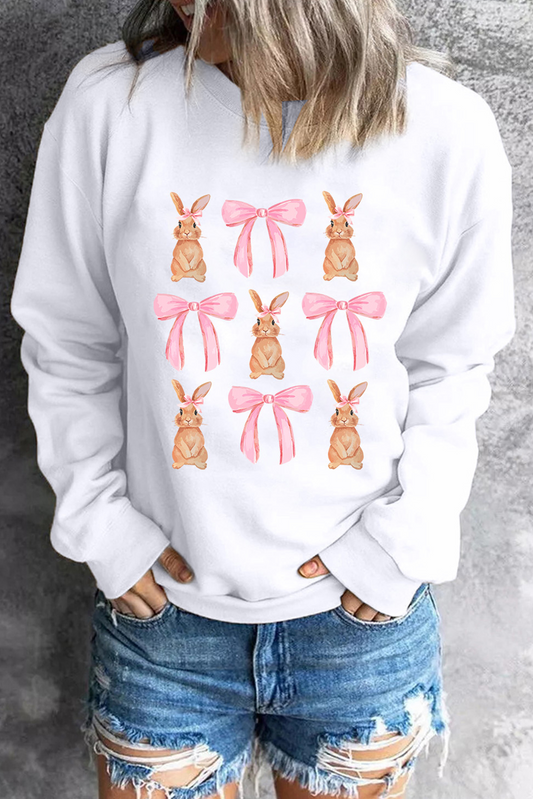 White Easter Bunny Bow Print Round Neck Pullover Sweatshirt-Graphic/Graphic Sweatshirts-[Adult]-[Female]-2022 Online Blue Zone Planet