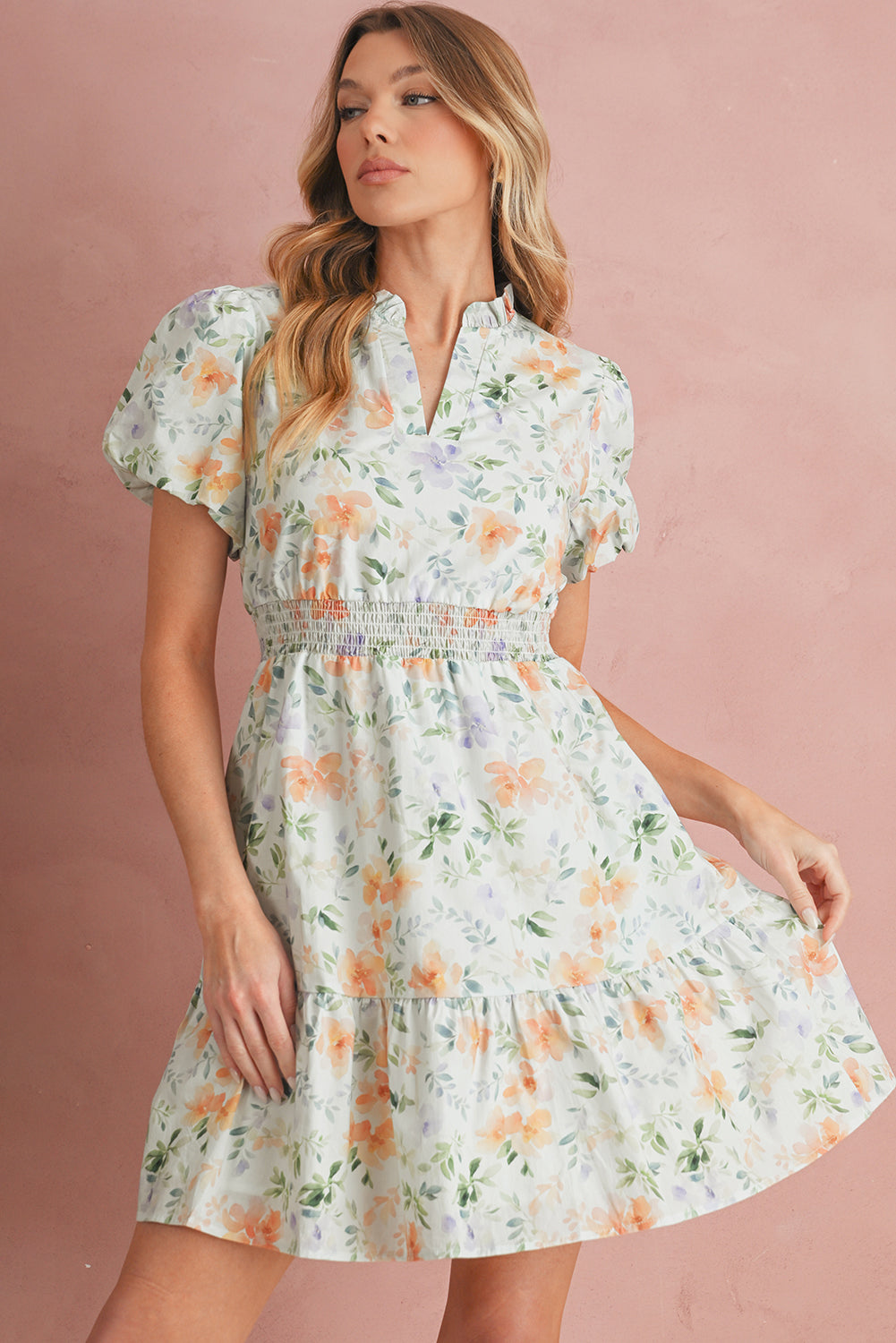 Beige Floral Print Smocked High Waist Puff Sleeve Mini Dress-TOPS / DRESSES-[Adult]-[Female]-2022 Online Blue Zone Planet