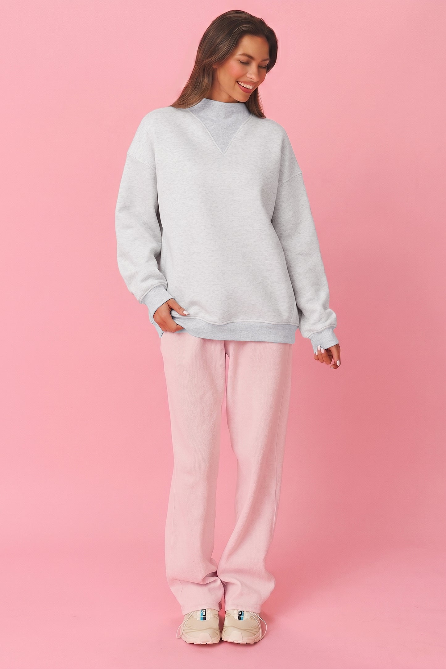 Light Grey High Neck Ribbed Cuff Hem Sweatshirt