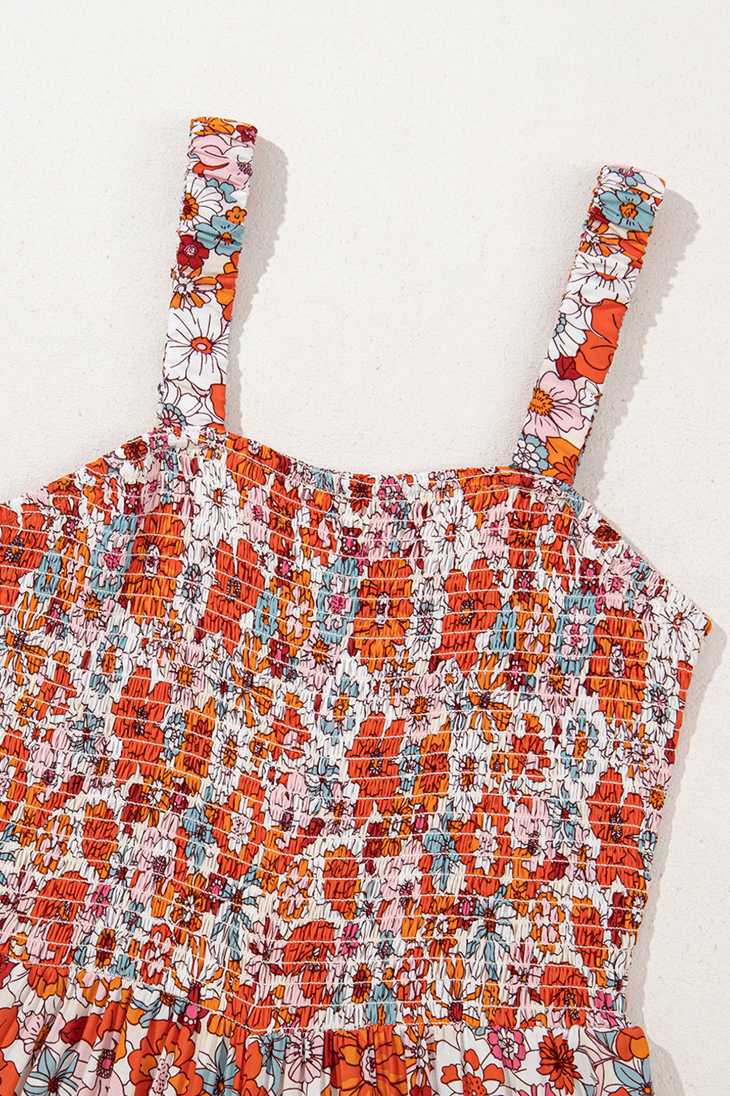 Orange Floral Print Sleeveless Smocked Shift Jumpsuit-Bottoms/Jumpsuits & Rompers-[Adult]-[Female]-2022 Online Blue Zone Planet