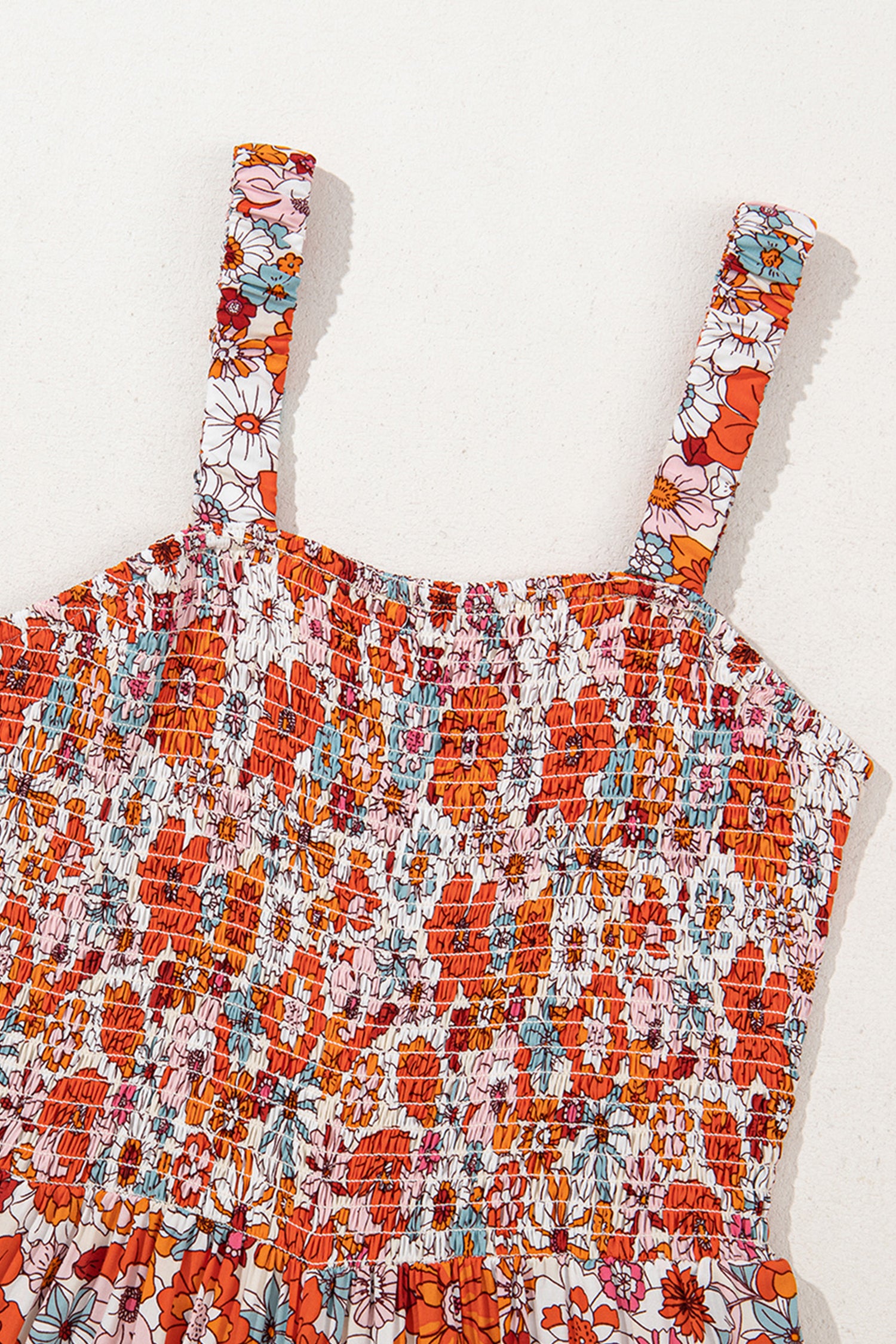 Orange Floral Print Sleeveless Smocked Shift Jumpsuit-Bottoms/Jumpsuits & Rompers-[Adult]-[Female]-2022 Online Blue Zone Planet