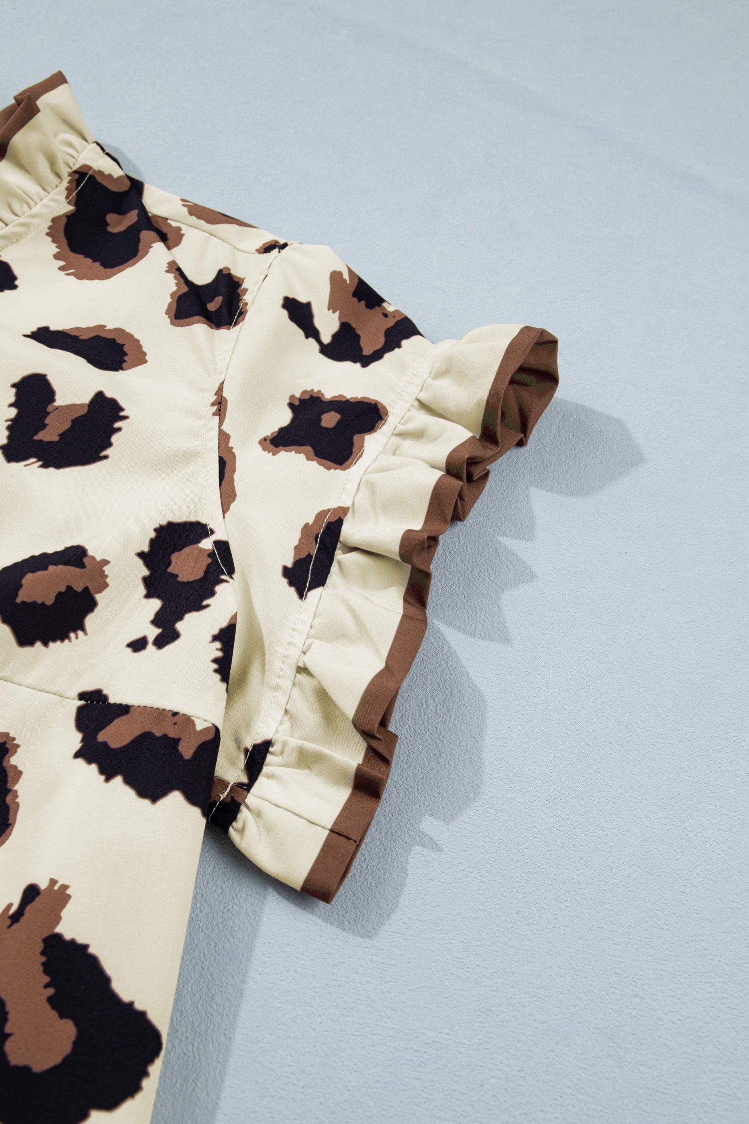 Khaki Plus Size Leopard Print Frilled Color Block Trim Button Down Short Sleeve Blouse-Plus Size/Plus Size Tops/Plus Size Blouses & Shirts-[Adult]-[Female]-2022 Online Blue Zone Planet