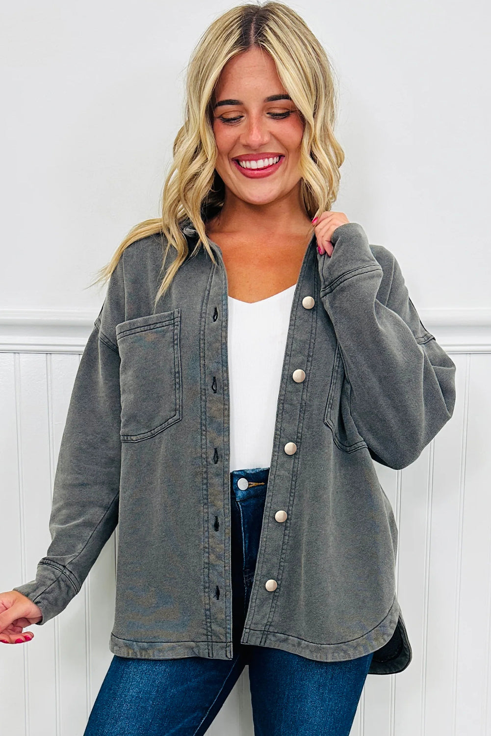 Medium Grey Mineral Wash Chest Pockets Drop Shoulder Shacket with Side Slit-Outerwear/Jackets-[Adult]-[Female]-2022 Online Blue Zone Planet