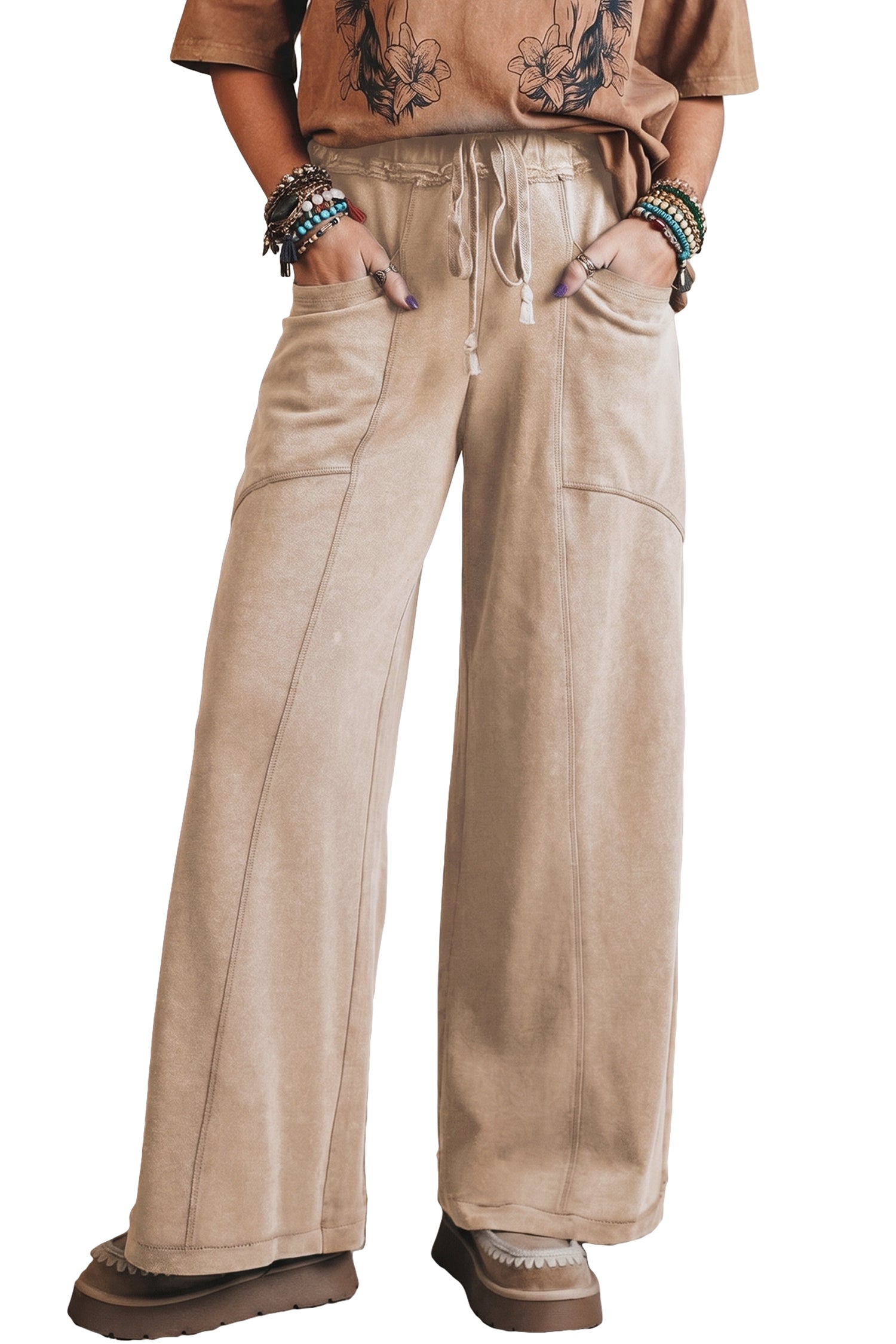 Smoke Gray Mineral Wash Drawstring Retro High Waist Wide Leg Western Pants-Bottoms/Pants & Culotte-[Adult]-[Female]-2022 Online Blue Zone Planet