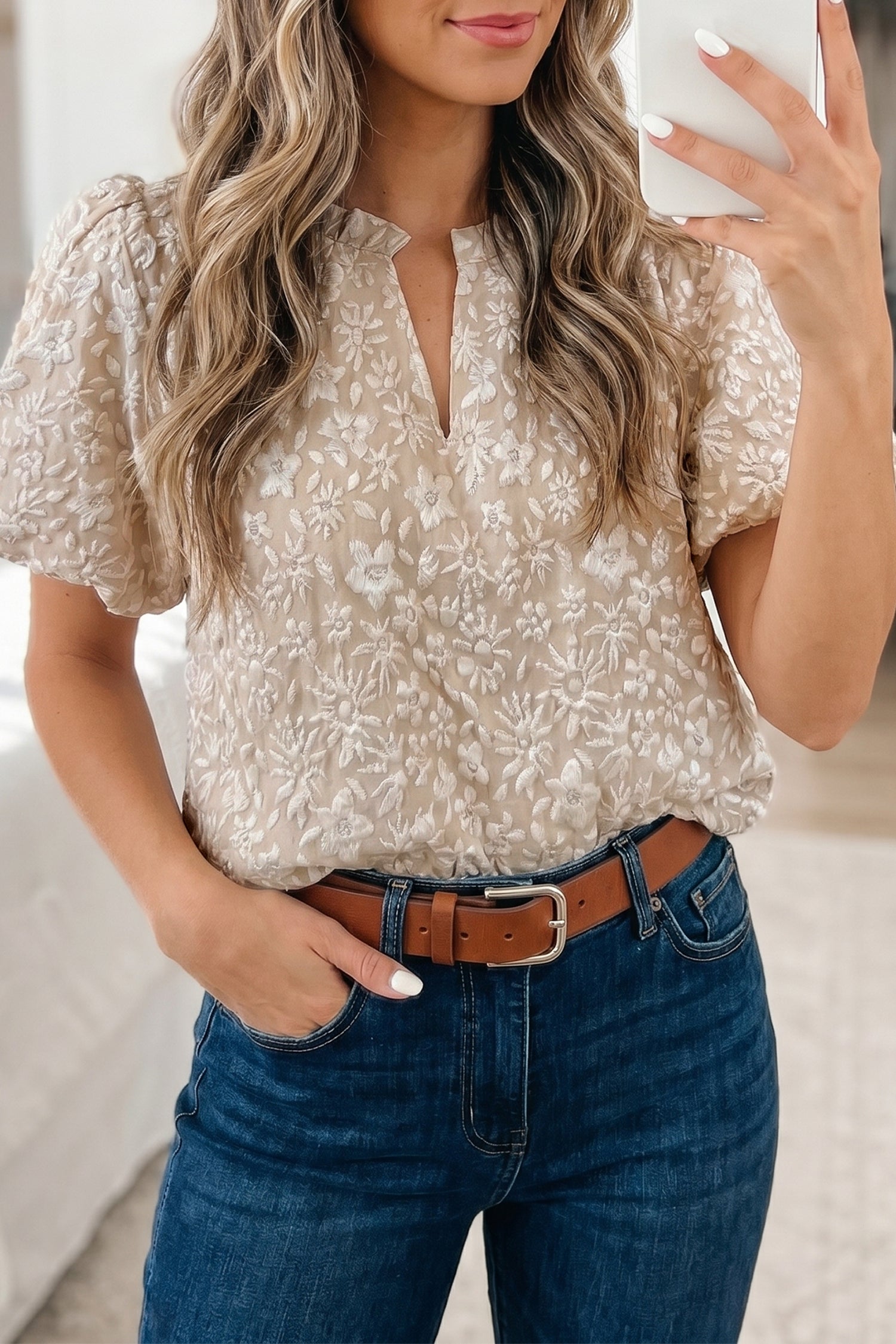 Iceland Blue Floral Textured Jacquard Puff Sleeve Blouse-Tops/Blouses & Shirts-[Adult]-[Female]-2022 Online Blue Zone Planet