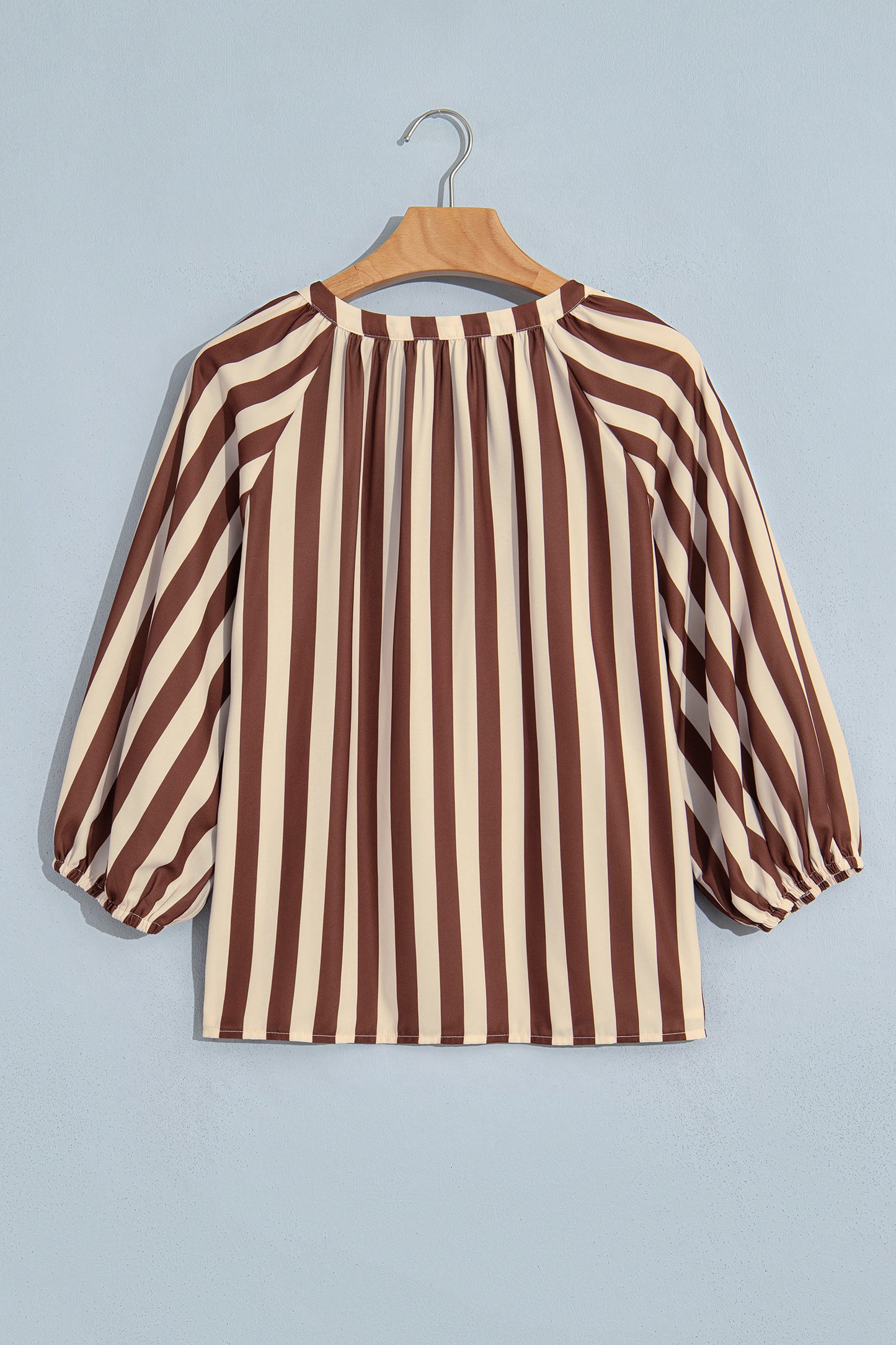 Brown Stripe V Neck Half Sleeve Casual Blouse-Tops/Blouses & Shirts-[Adult]-[Female]-2022 Online Blue Zone Planet