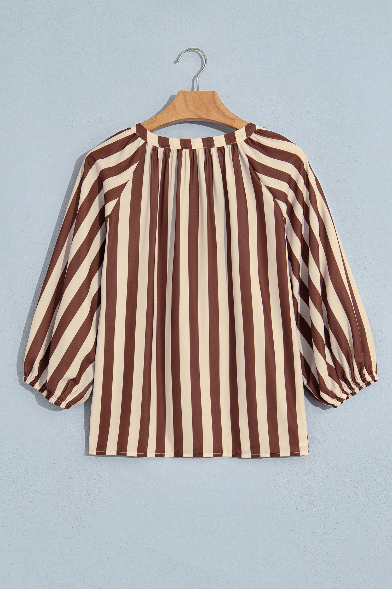 Brown Stripe V Neck Half Sleeve Casual Blouse-Tops/Blouses & Shirts-[Adult]-[Female]-2022 Online Blue Zone Planet