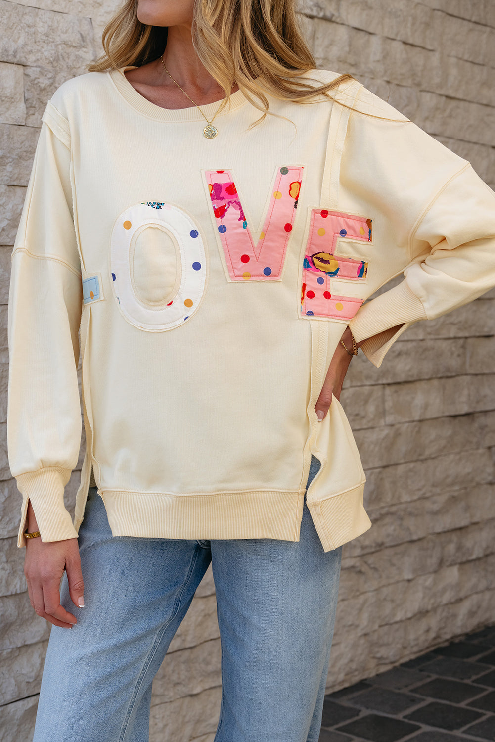 Blue Zone Planet | Apricot LOVE PATCH Graphic Oversized Sweatshirt-Tops/Sweatshirts & Hoodies-[Adult]-[Female]-2022 Online Blue Zone Planet