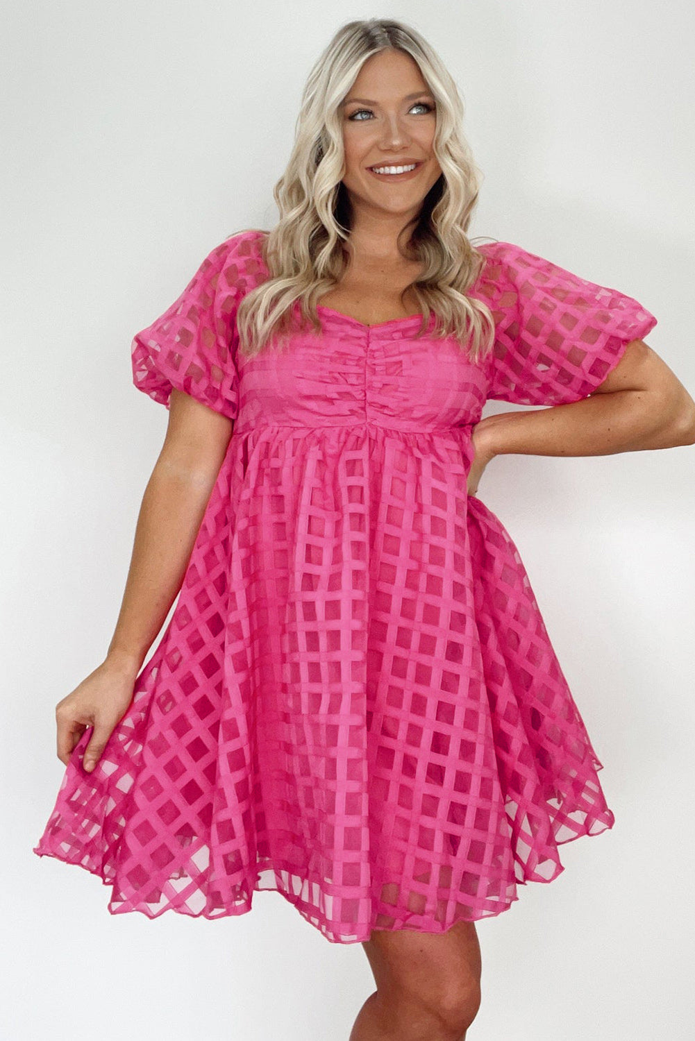 Strawberry Pink Checkered Puff Sleeve Babydoll Dress-TOPS / DRESSES-[Adult]-[Female]-2022 Online Blue Zone Planet