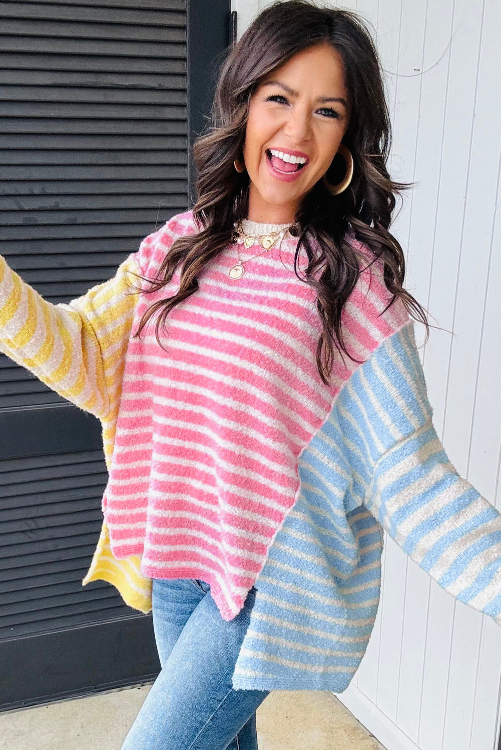 Multicolour Color Block Striped Patchwork Dolman Sleeve Slit Sweater-TOPS / DRESSES-[Adult]-[Female]-2022 Online Blue Zone Planet