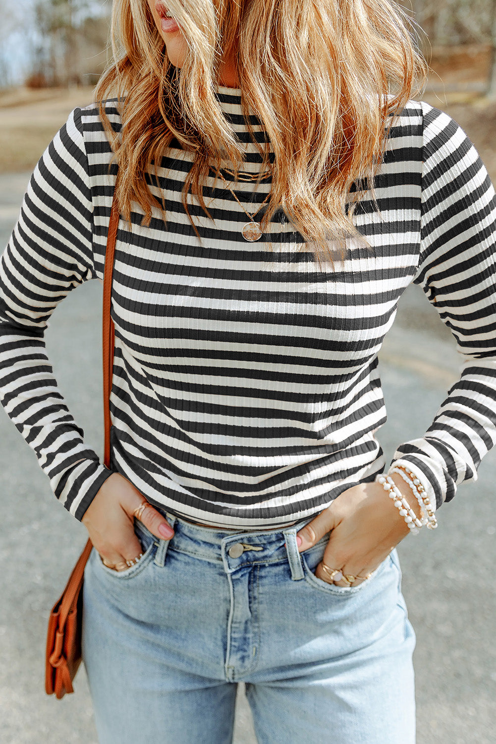 Striped Mock Neck Long Sleeve Top BLUE ZONE PLANET