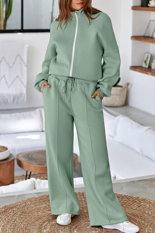 Clearly Aqua Drop Shoulder Zip Up Jacket Drawstring Pants Active 2pcs Set-Activewear/Activewear Sets-[Adult]-[Female]-Clearly Aqua-S-2022 Online Blue Zone Planet