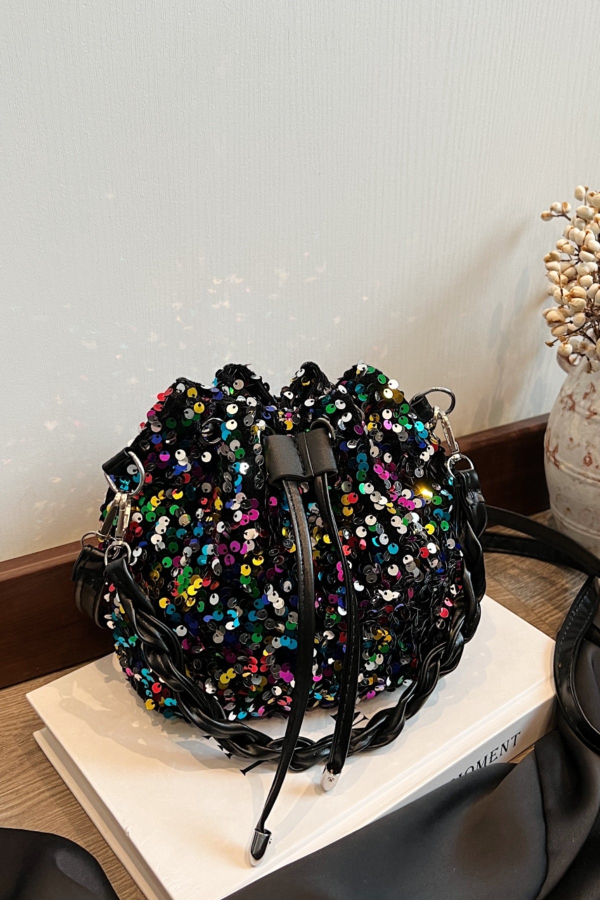 Sequin Drawstring Bucket Bag-HANDBAGS-[Adult]-[Female]-2022 Online Blue Zone Planet