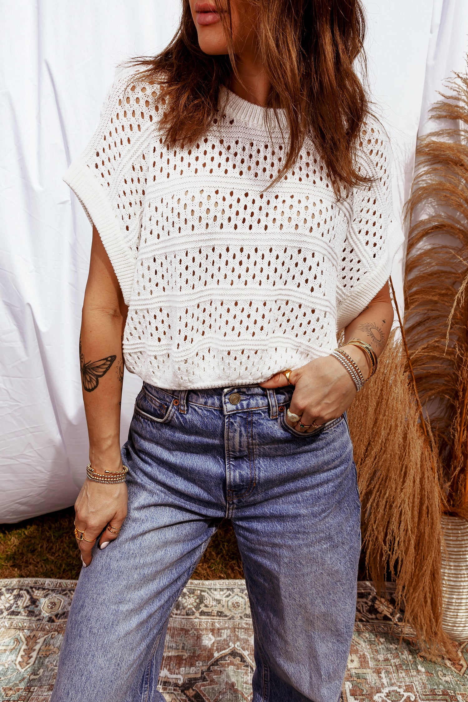 White Hollow Out Knit Round Neck Dolman Sweater-TOPS / DRESSES-[Adult]-[Female]-2022 Online Blue Zone Planet