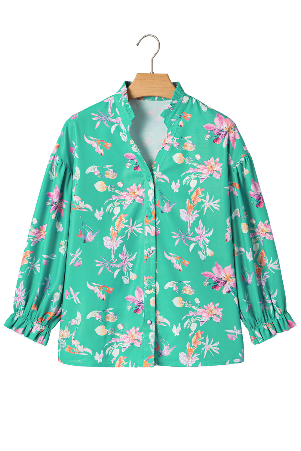 Green Floral Lantern Sleeve Button Front Shirt-Tops/Blouses & Shirts-[Adult]-[Female]-2022 Online Blue Zone Planet