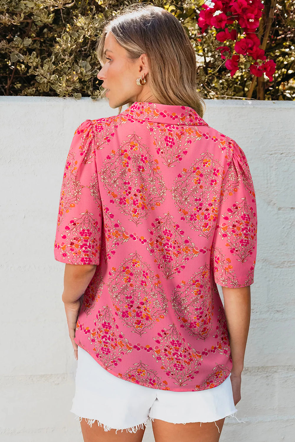 Rose Red Floral Print Wide Short Sleeve Loose Shirt-Tops/Blouses & Shirts-[Adult]-[Female]-2022 Online Blue Zone Planet