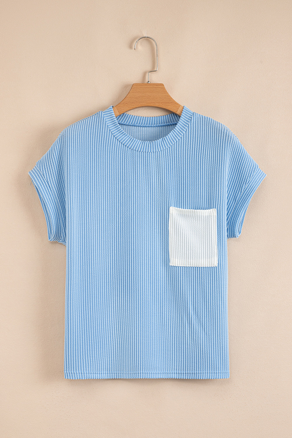 Dark Blue Corded Knit Color Block Pocketed Crew Neck T Shirt-Tops/Tops & Tees-[Adult]-[Female]-2022 Online Blue Zone Planet