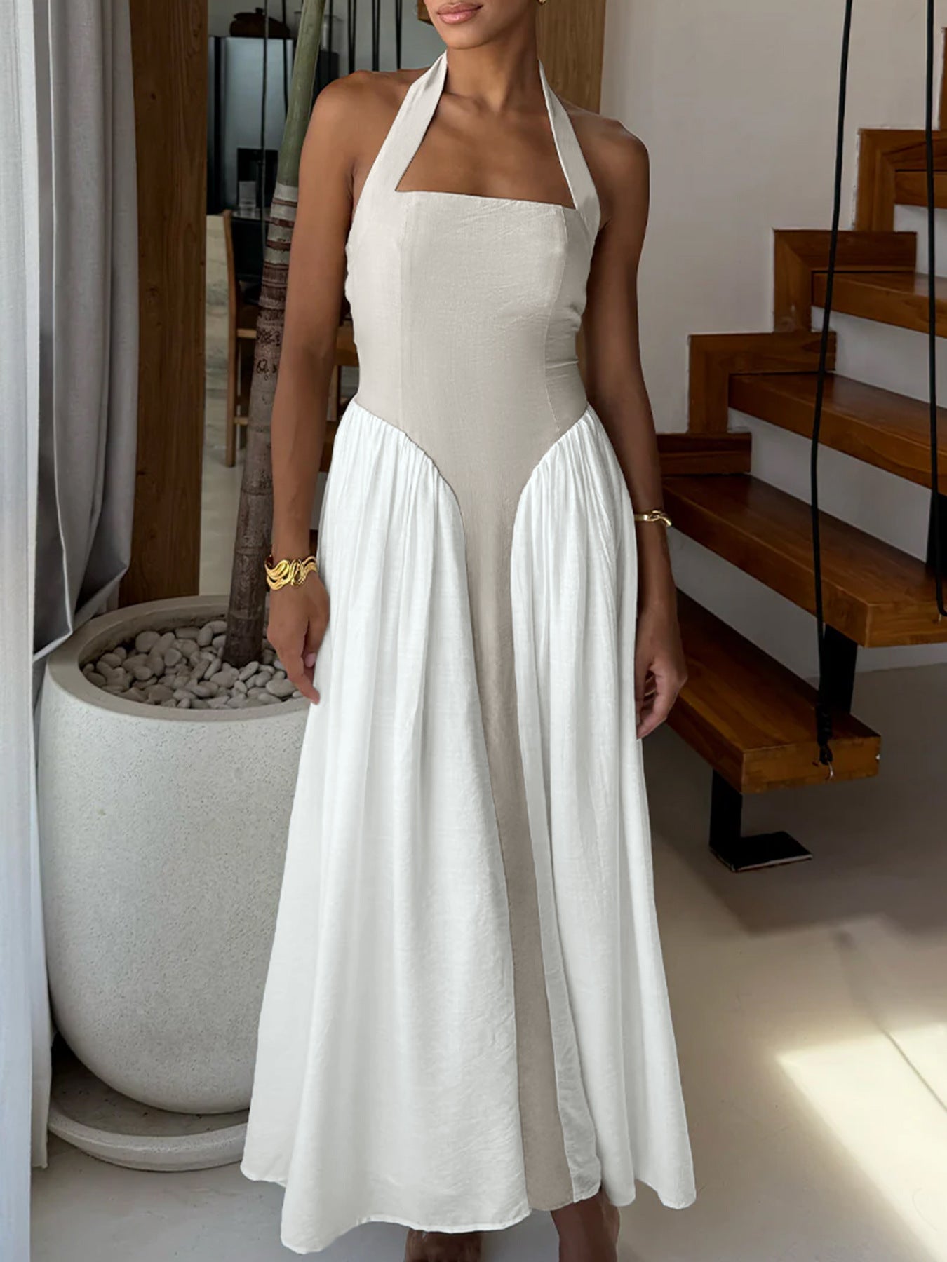 two tone dress maxi Halter Neck Two-Tone Maxi Dress