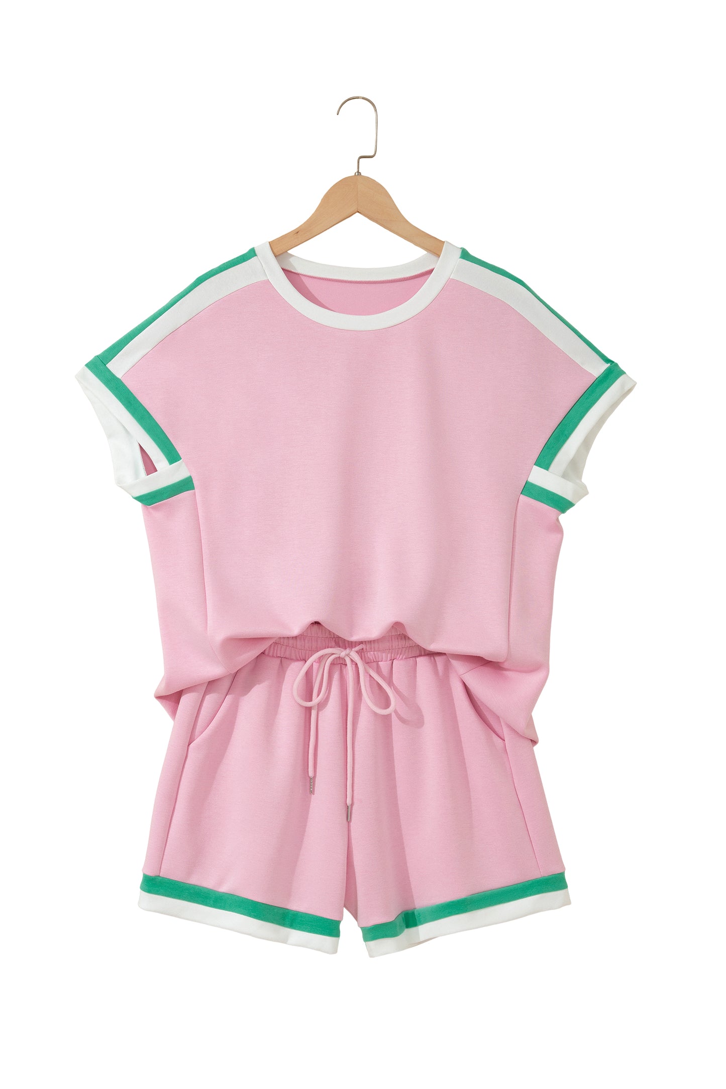 Bonbon Striped Trim Casual Tee Drawstring Shorts 2pcs Set-Two Piece Sets/Short Sets-[Adult]-[Female]-2022 Online Blue Zone Planet