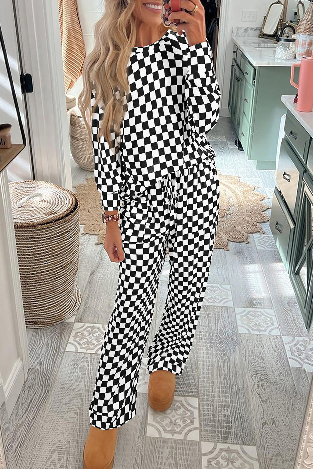 Black Checkered Print Long Sleeve Top and Pants Lounge Set-Loungewear & Sleepwear/Loungewear-[Adult]-[Female]-Black-S-2022 Online Blue Zone Planet