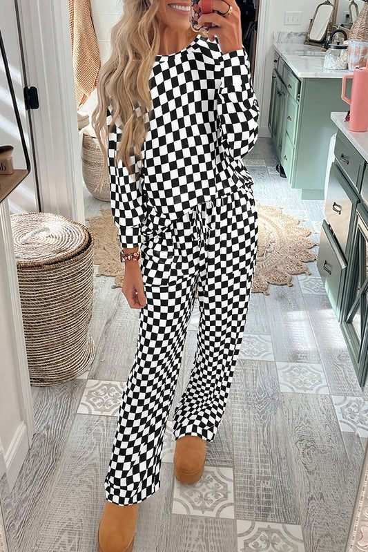 Black Checkered Print Long Sleeve Top and Pants Lounge Set-Loungewear & Sleepwear/Loungewear-[Adult]-[Female]-Black-S-2022 Online Blue Zone Planet