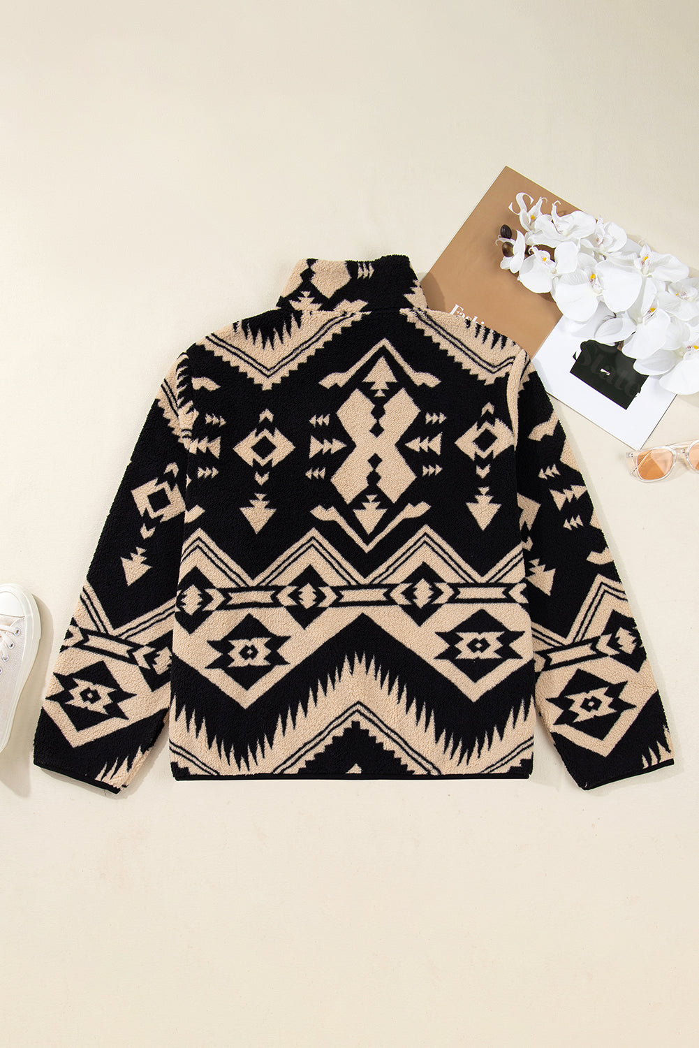 Black Plus Size Western Aztec Pattern Half Button Collared Plush Sweatshirt-Plus Size/Plus Size Sweatshirts & Hoodies-[Adult]-[Female]-2022 Online Blue Zone Planet