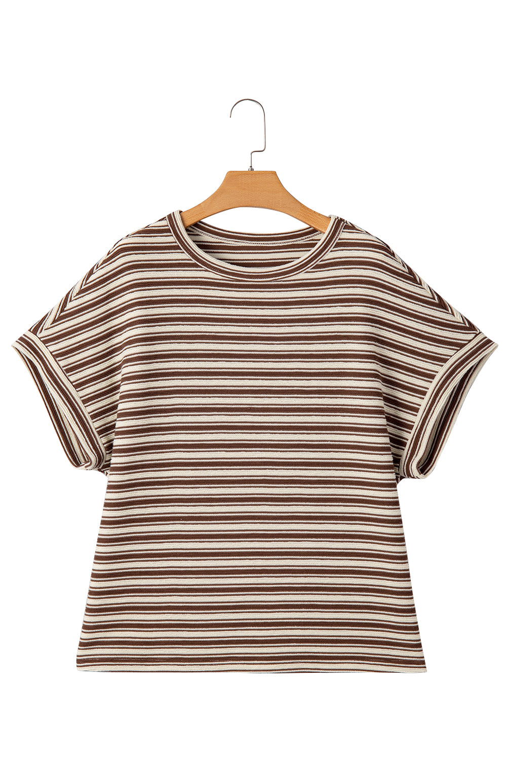 Brown Stripe Textured Side Slits Crew Neck T Shirt-Tops/Tops & Tees-[Adult]-[Female]-2022 Online Blue Zone Planet