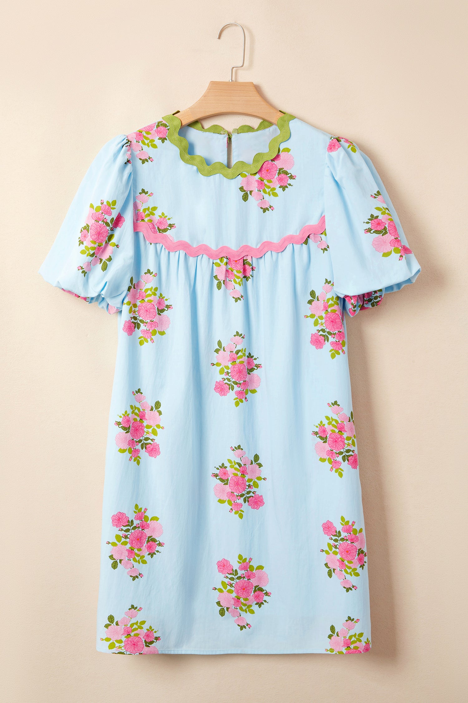 Sky Blue Floral Printed Contrast Ricrac Detail Bubble Sleeve Dress-TOPS / DRESSES-[Adult]-[Female]-2022 Online Blue Zone Planet
