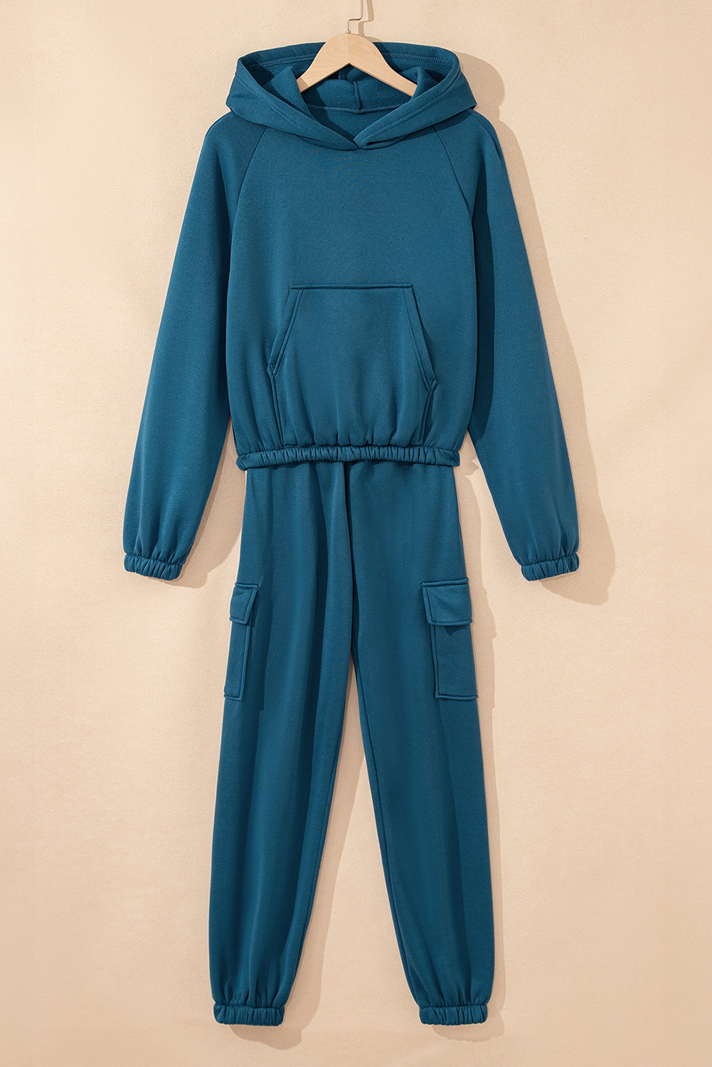 Peacock Blue Cozy Hooded Sweatshirt Drawstring Elastic Waistband Cargo Pant Set-Two Piece Sets/Pant Sets-[Adult]-[Female]-2022 Online Blue Zone Planet