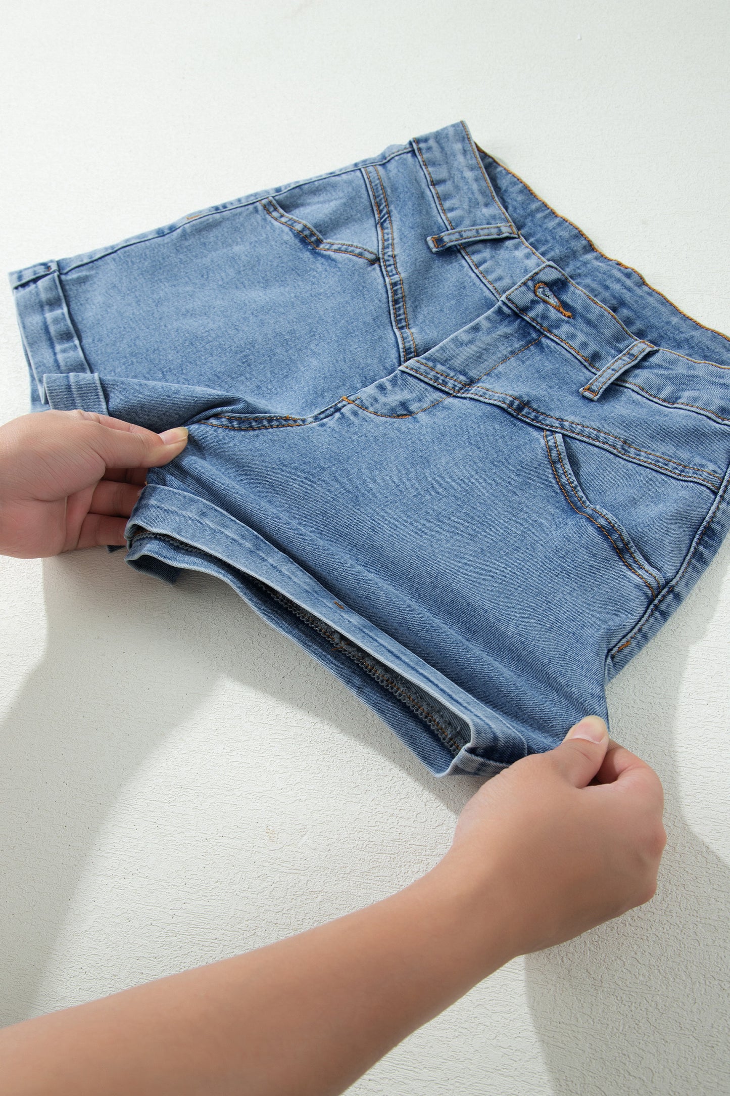 Ivy Seam Detail Pocketed Cuffed Hem Denim Shorts-Bottoms/Denim Shorts-[Adult]-[Female]-2022 Online Blue Zone Planet