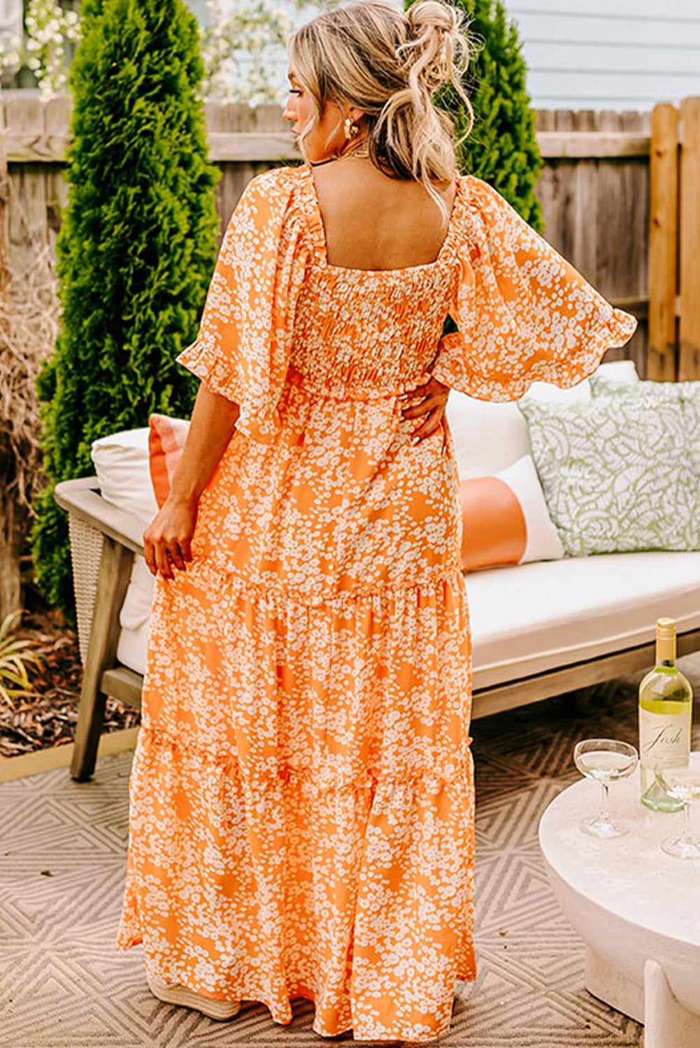 Orange Floral Print Smocked V Neck Wide Sleeve Maxi Dress-Dresses/Floral Dresses-[Adult]-[Female]-2022 Online Blue Zone Planet