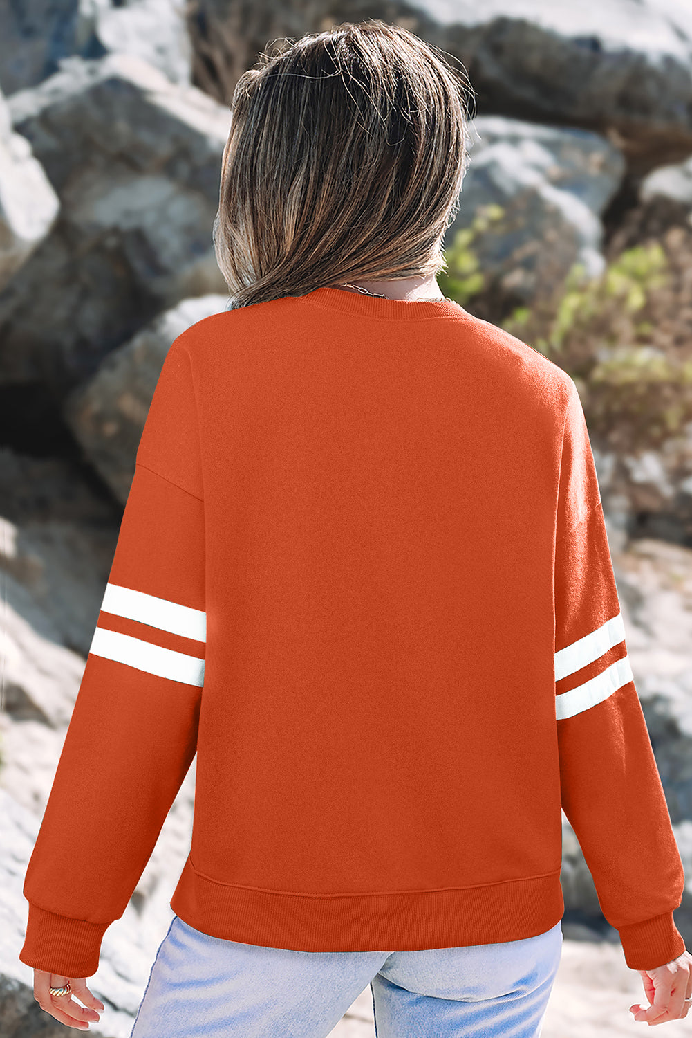Orange Varsity Striped Detail Drop Shoulder Oversized Sweatshirt-Tops/Sweatshirts & Hoodies-[Adult]-[Female]-2022 Online Blue Zone Planet