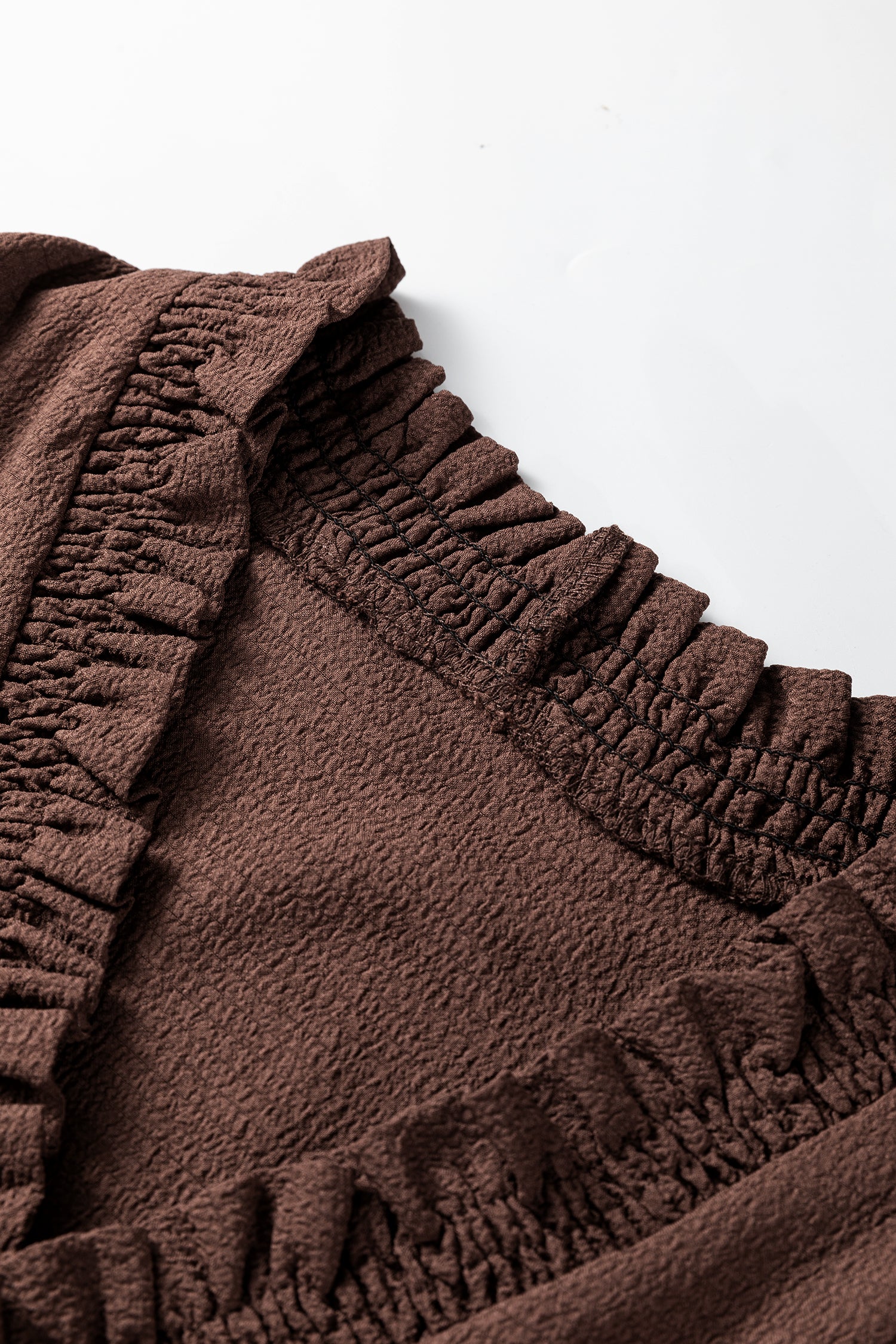 Coffee Plus Size Frilled Trim V Neck Puff Sleeve Textured Mini Dress-TOPS / DRESSES-[Adult]-[Female]-2022 Online Blue Zone Planet