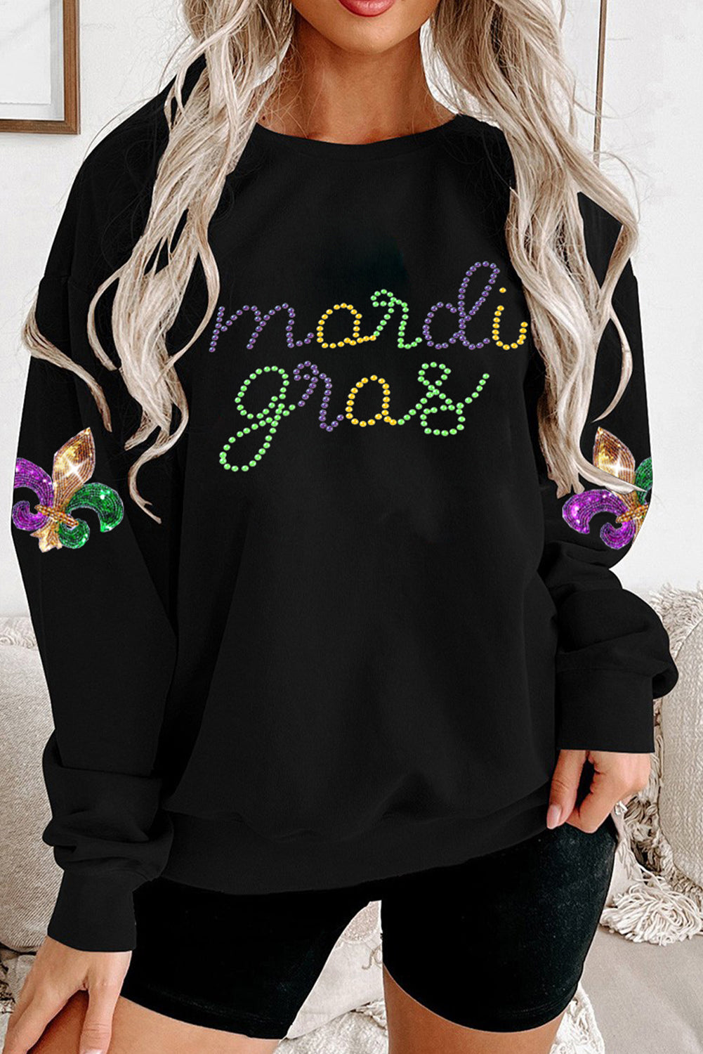 Black Solid Color mardi gras Printed Round Neck Casual Sweatshirt-Graphic Sweatshirts-[Adult]-[Female]-Black-S-2022 Online Blue Zone Planet