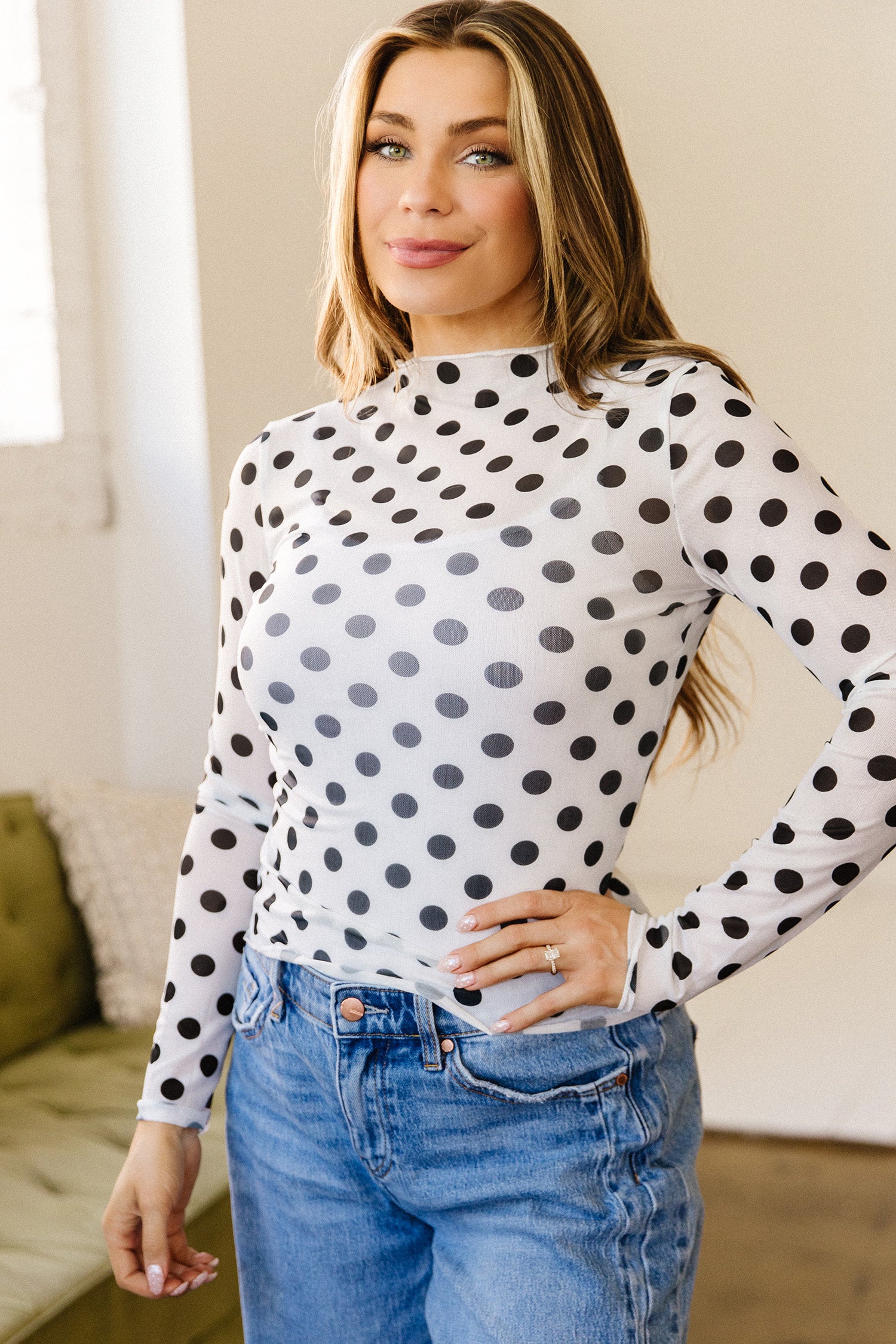 White Polka Dot Sheer Long Sleeve Round Neck Slim Top-Tops/Long Sleeve Tops-[Adult]-[Female]-2022 Online Blue Zone Planet